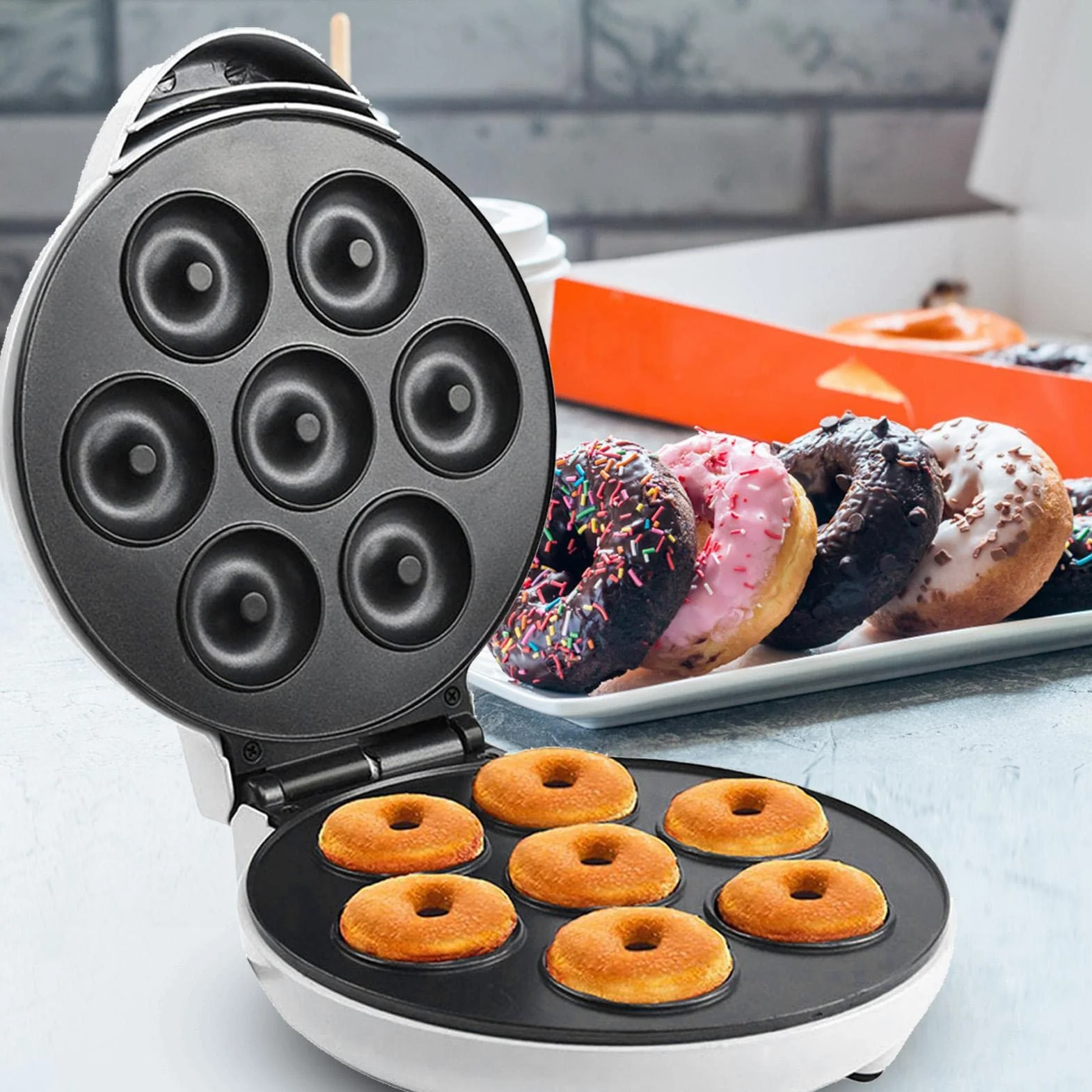 donas | Máquina para Hacer donas Desayuno 1200 W | Máquina para Hacer Donuts eléctrica Antiadherente 7 Agujeros para panadería casera, Tienda postres