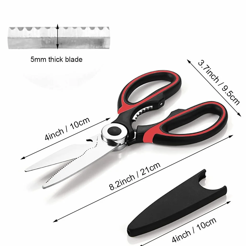 Tijeras de Cocina Multifunción Profesionales Con Funda Protectora - Acero Inoxidable Para Pollo, Carne, Verduras, Hierbas, Barbacoa (Rojo)