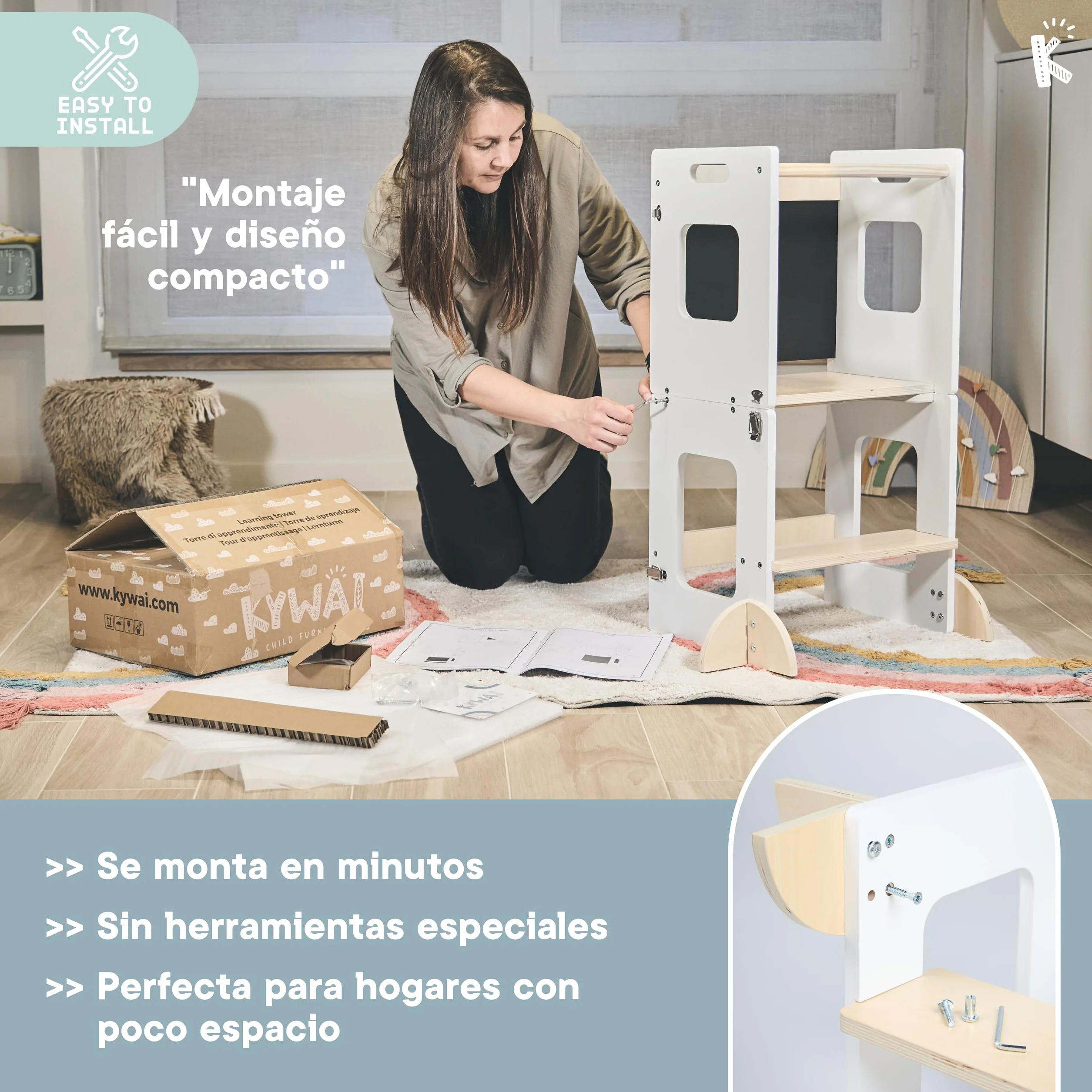 Torre de Aprendizaje Plegable Montessori Premium 3 en 1 Convertible en Escritorio con Pizarra