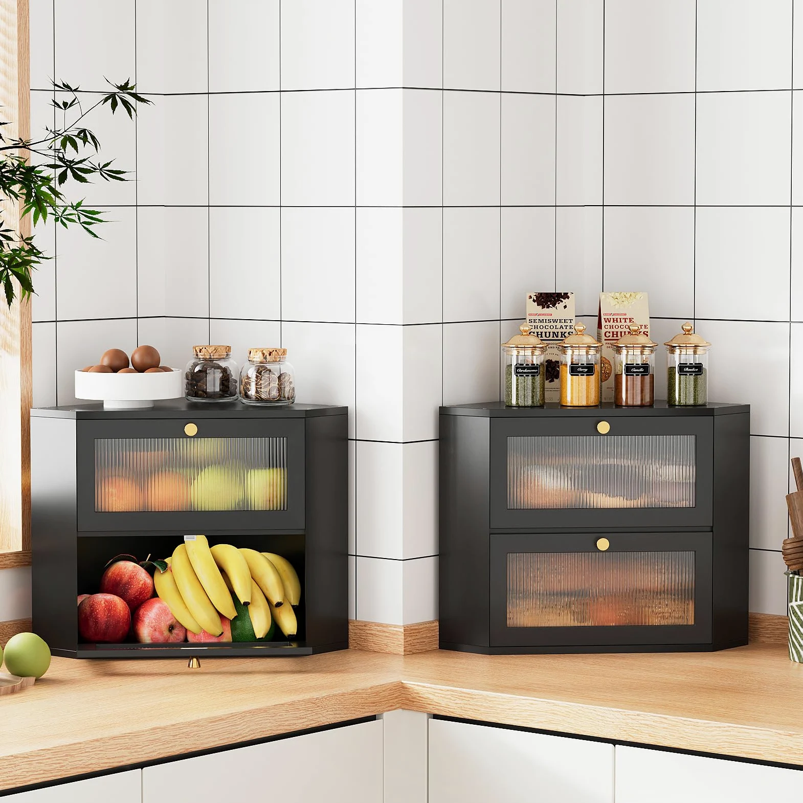 VEDECASA Panera de bambú para cocina, 2 niveles, con puerta acrílica transparente, apta para alimentos, con gran espacio de almacenamiento, color negro, 31 x 31 x 35 cm (negro)