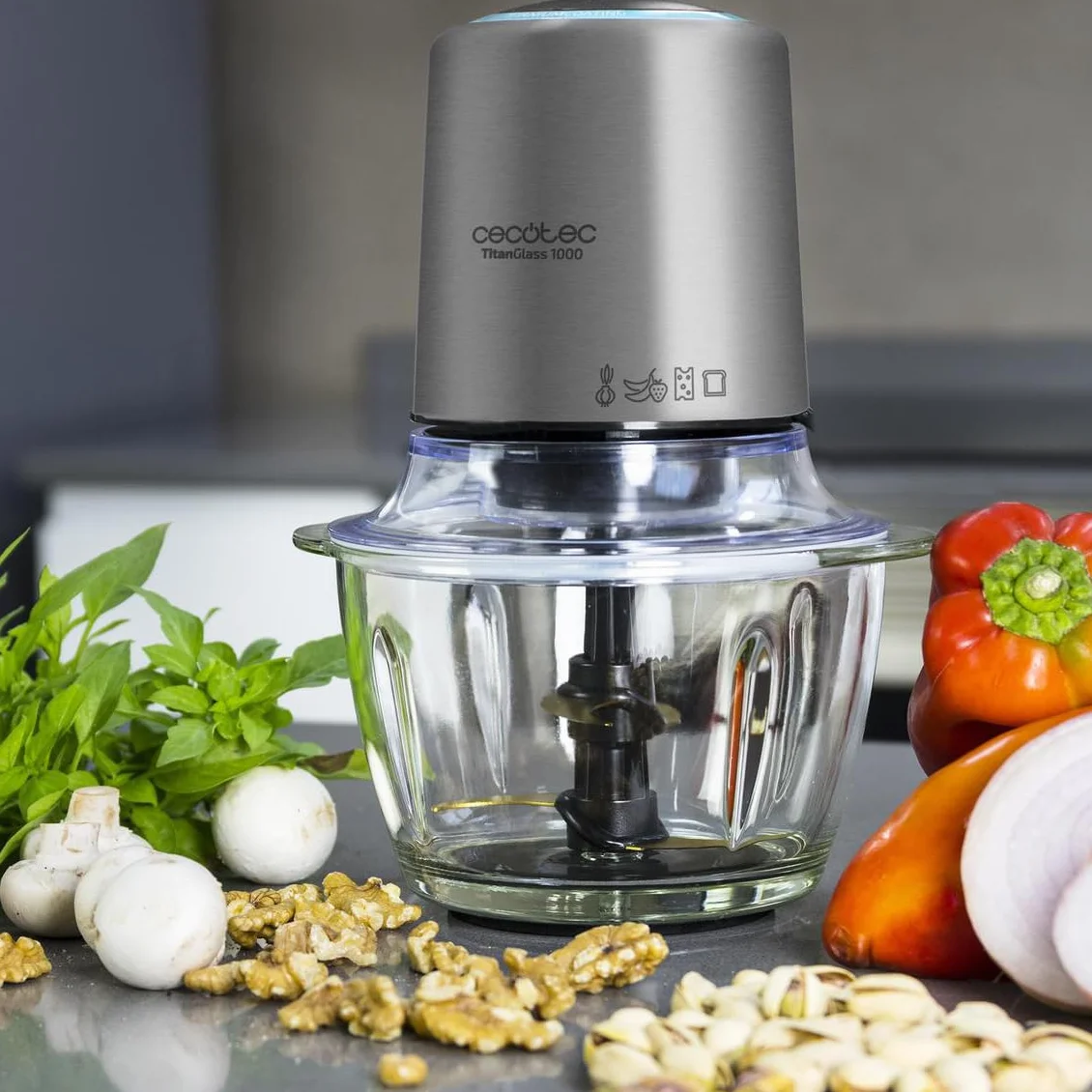 Cecotec Picadora Eléctrica TitanGlass 1000 Max. 500W, 4 Cuchillas Titanio, Pica, Trocea y Corta, ControlSpeed, Bol Cristal 1L, 2 Velocidades, Botón Pulso, Tapa a Presión, Regulable, Lavavajillas