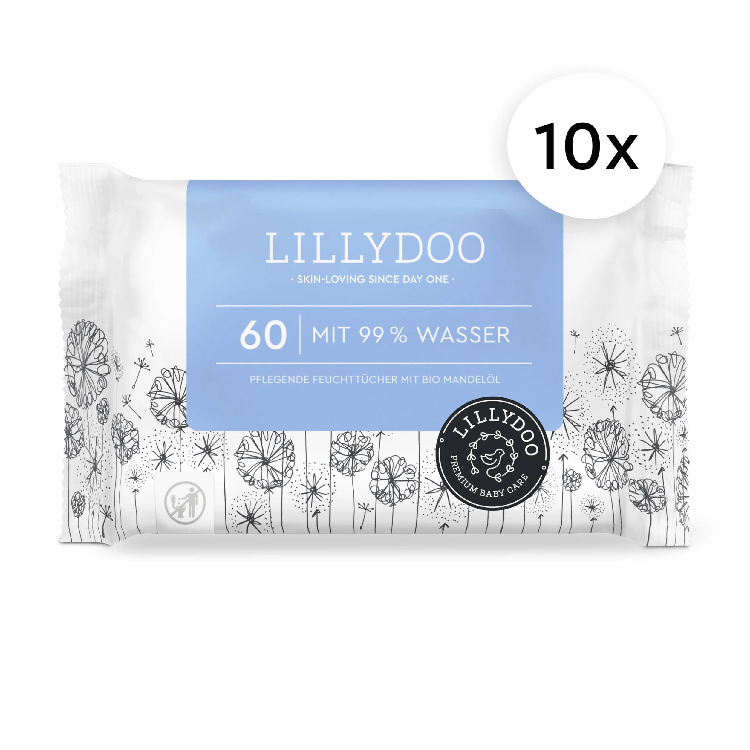 Toallitas húmedas para bebés LILLYDOO 99% agua 10 paquetes 60 (600 unidades) libres de plástico sin perfumes