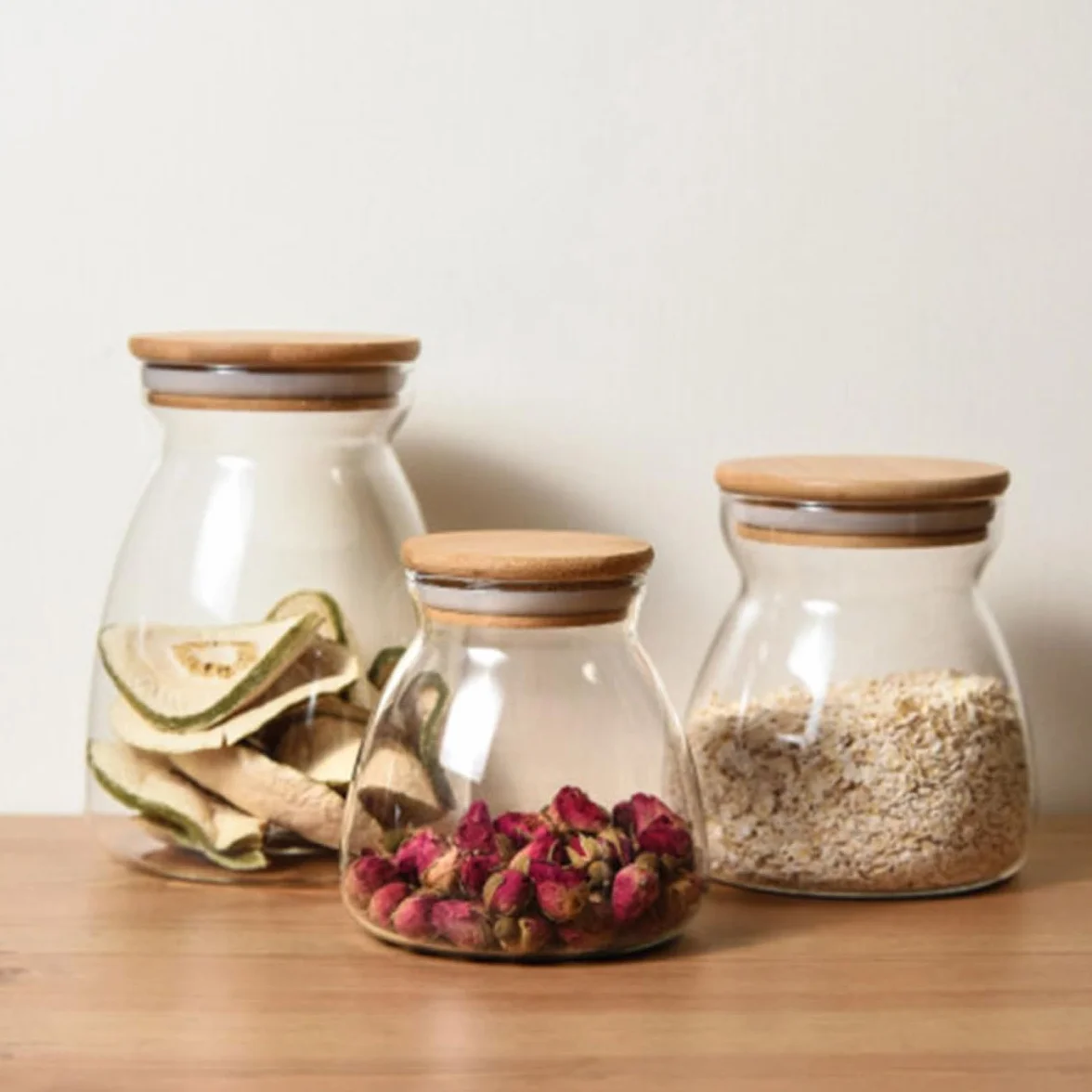 MAGICLULU Recipientes de Vidrio Borosilicato 2 Piezas Tapa de Madera y Silicona Capacidad 1000ml para Almacenamiento de Alimentos y Granos para Escritorio