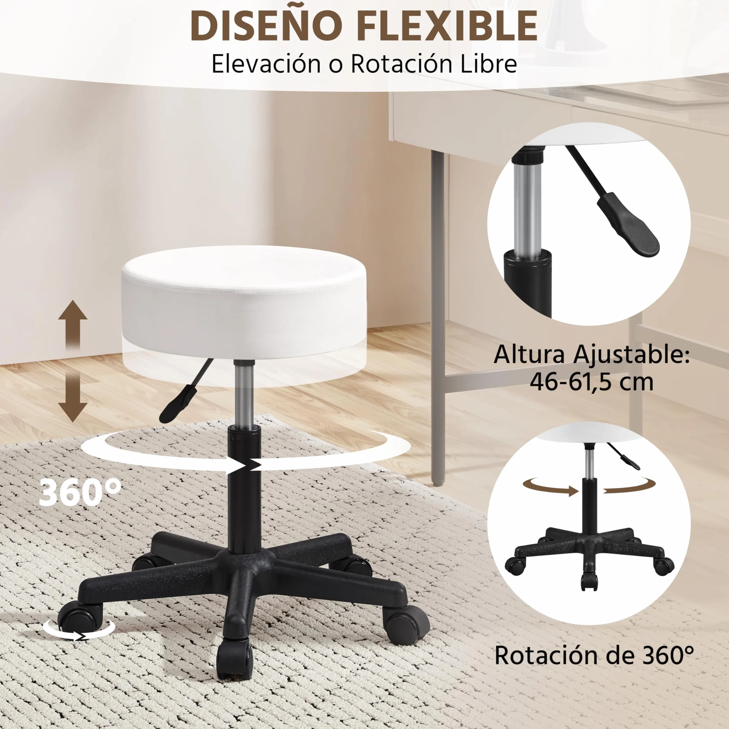 Yaheetech Taburete Giratorio sobre Ruedas, Taburete Rodante Regulable, 46-61.5 cm,Asiento Tapizado de Polipiel Sintético,para Hogar Oficina,Estudio,Tatuajes Salón,Masajes Centro,Belleza,Blanco