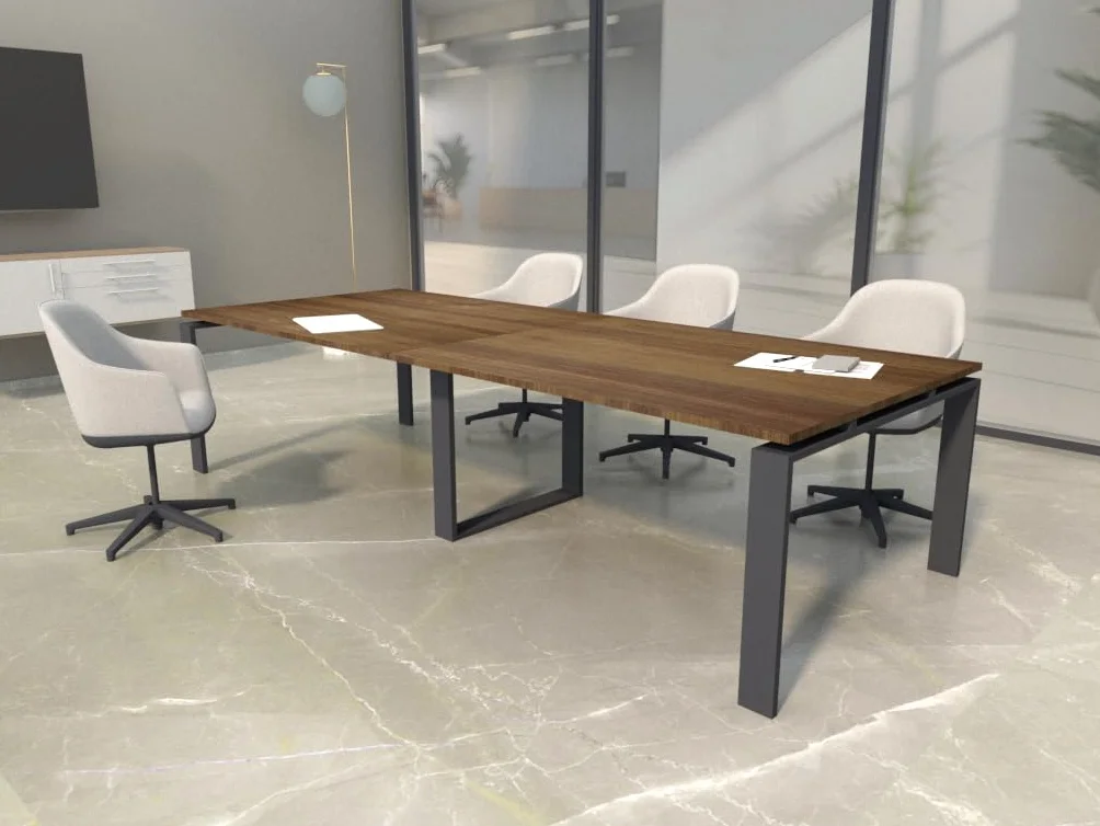 Mesa de 240x100 con Estructura metálica Marco Abierto Gris Grafito y Tablero melaminado Ideal para Sala de Juntas, reuniones, conferencias (Nogal)