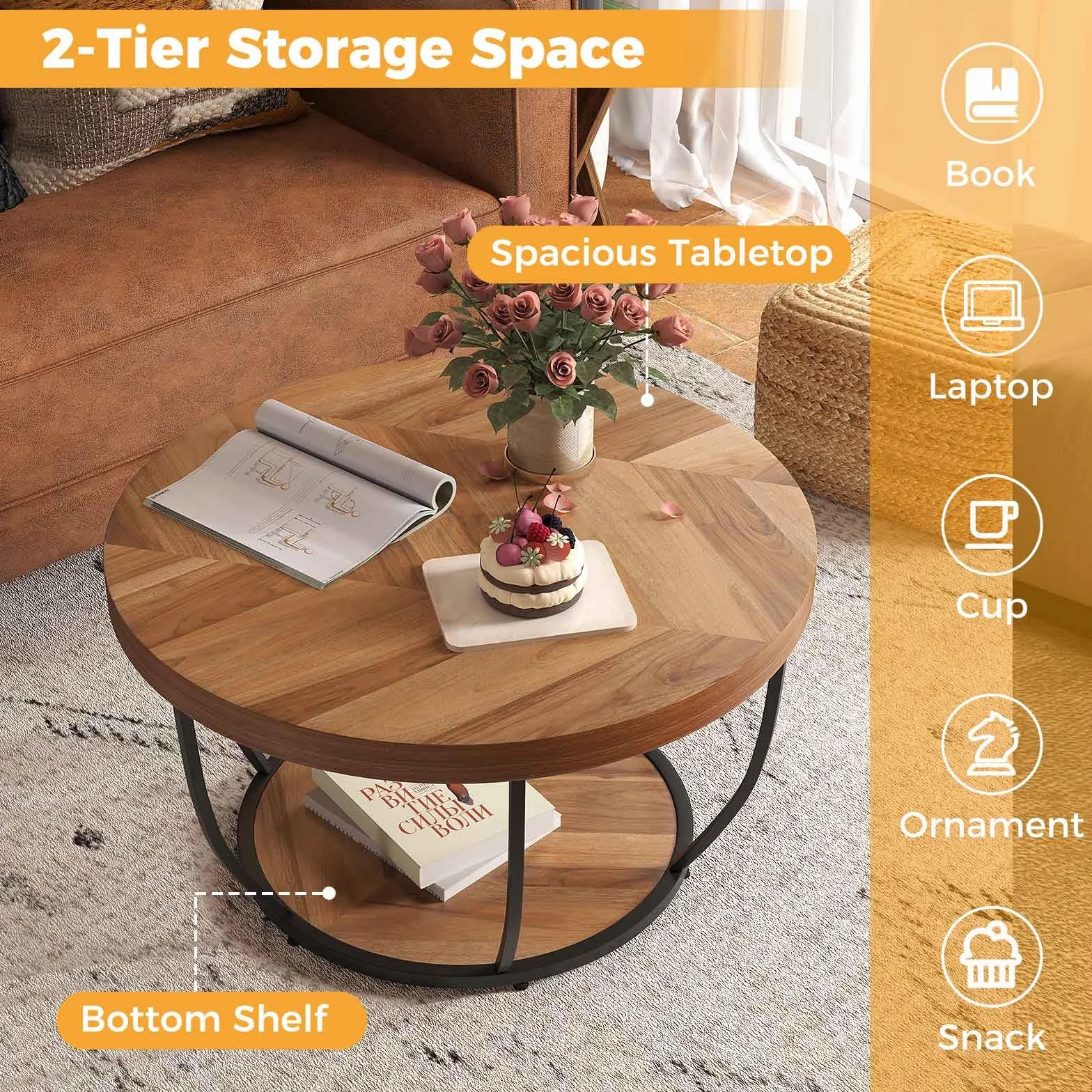 LIFEZEAL Mesa de Centro Redonda, Mesa de café de 2 Niveles con Estructura de Metal, Mueble de sofá para salón, 80 x 80 cm, Estilo Industrial (Natural)