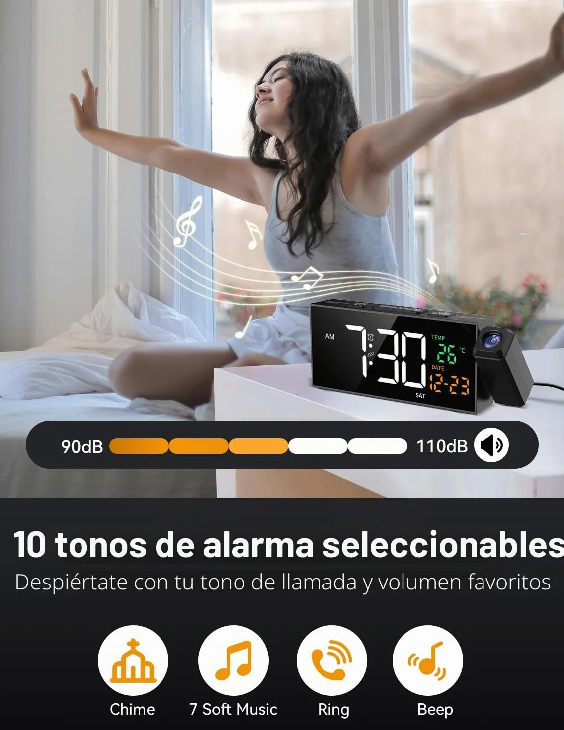 Despertador digital con función de proyección, Reloj despertador con proyector de 350°, termómetro, fecha, pantalla grande, 10 tonos de llamada, Snooze, DST manual, Reloj despertador para dormitorio