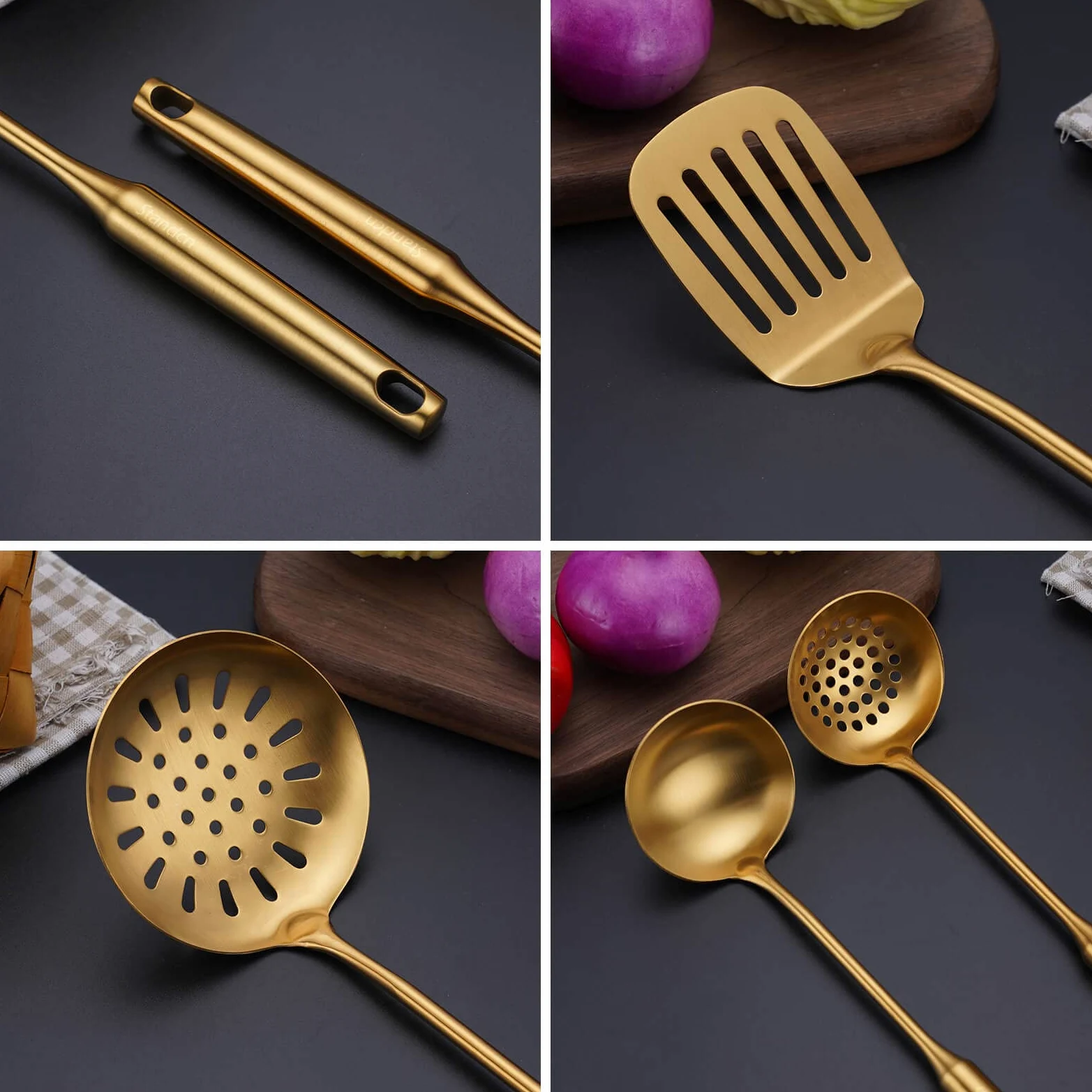 Juego de utensilios de cocina dorados, 8 piezas de acero inoxidable 304, herramientas de cocina totalmente metálicas, espátula, cucharón de sopa, skimmer, espátula ranurada, servidor de espagueti