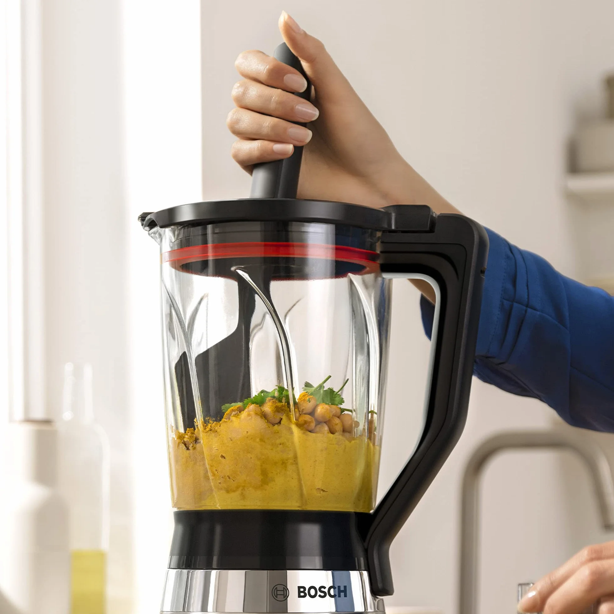 Bosch - Batidora de Vaso VitaPower, 1200 W, 1.5 litros, Jarra de cristal ThermoSafe, Cuchillas EasyClick, Programas Automáticos, Acero y Negro, MMB6382M