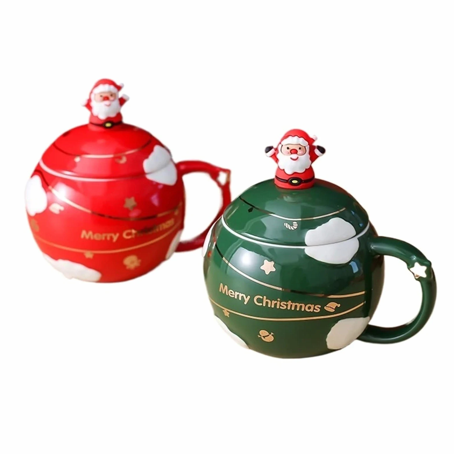 Taza de cerámica con tapa, 2 uds., café, té de la leche, desayuno, dibujos animados, cumpleaños, amigo, familia, hogar, oficina, beber, 400ml Para Boda(Green Red)