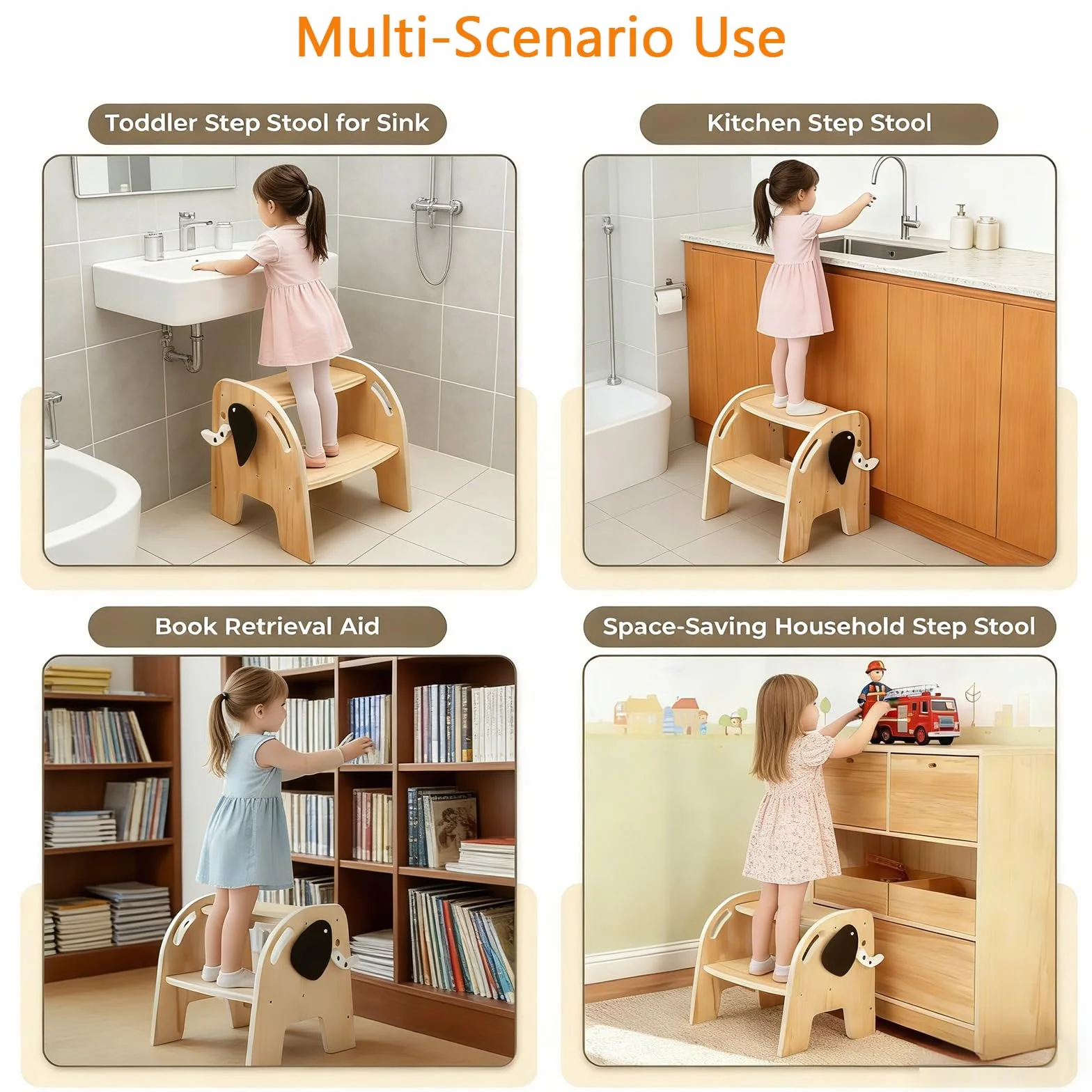 Taburete de Madera 2 Escalones para Niños 80 kg Reposapiés Antideslizante Infantil Baño