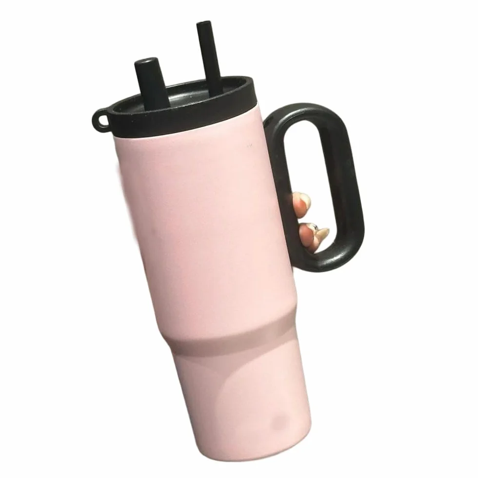 DYRBF - Vaso aislado al vacío de acero inoxidable de gran capacidad con asa y popote, taza de café a prueba de fugas con mango ergonómico, botella de agua sin BPA, compatible con portavasos de coche