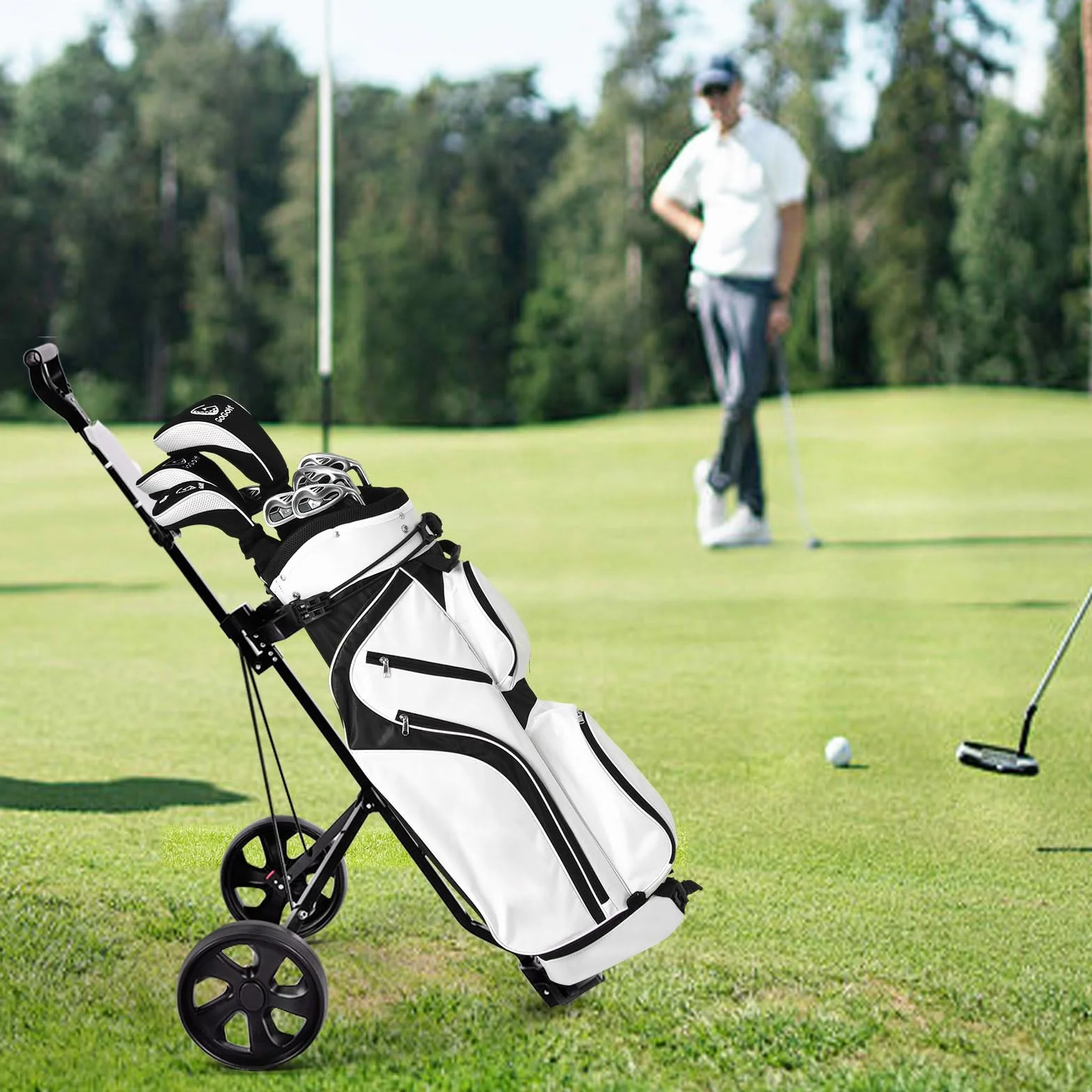 LIFEZEAL Carro de Golf Plegable con 2 Ruedas, Marcador, Correa Ajustable y Freno de pie