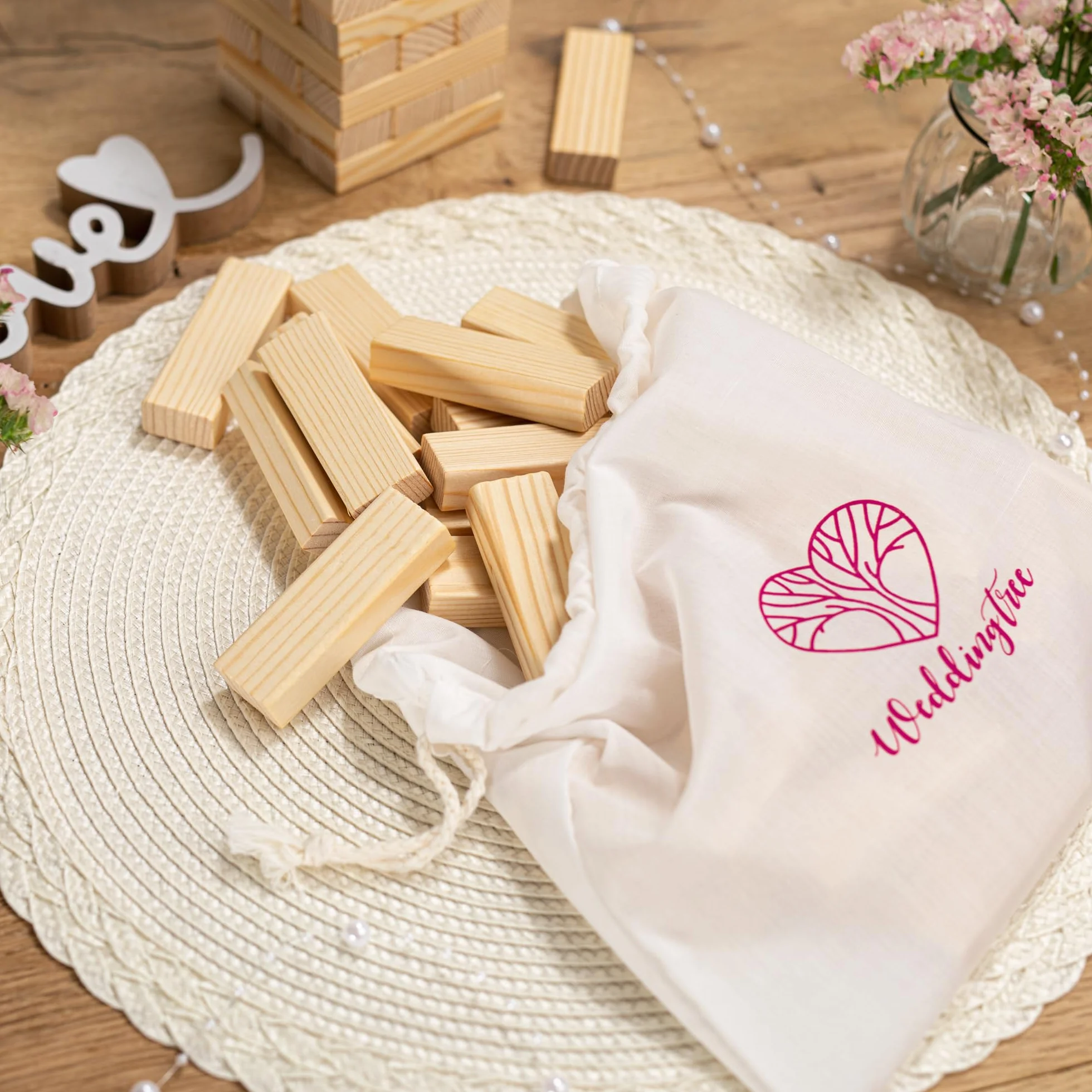 WeddingTree Libro de Firmas Bodas como Torre de Madera - con 72 Piedras, Bolsa de Almacenaje y 3 Rotuladores Metálicos - Libro Firmas Boda - Detalles para Bodas - Album para Firmas - Album Firmas Boda