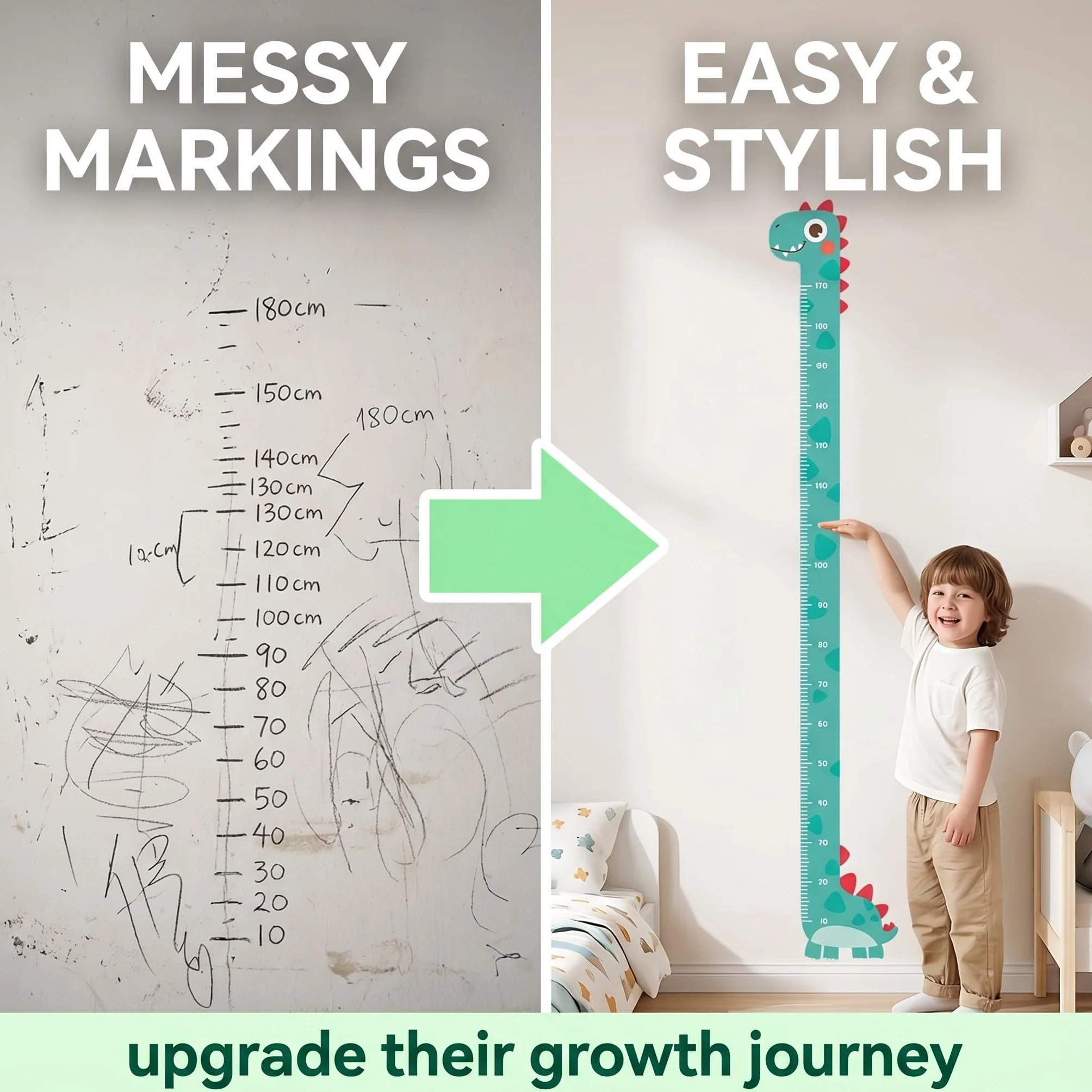 Medidor Altura Niños Pared Plástico Magnético 3D Dinosaurio Decoración Cuarto Infantil Verde