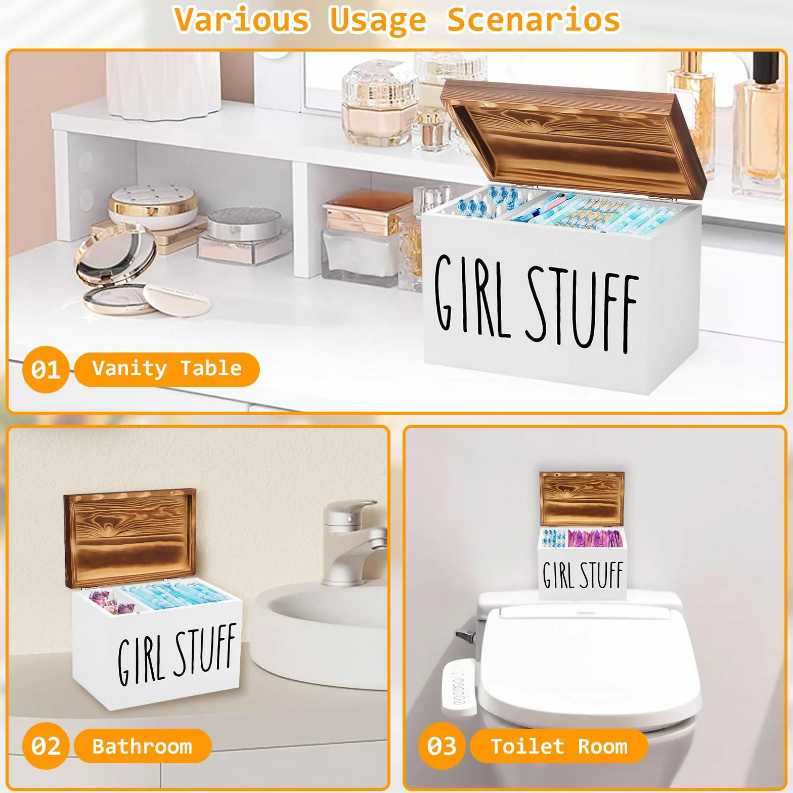 Tefola Caja de almacenamiento para baño de madera, 2 compartimentos con tapa para tampones, compresas femeninas y toallas higiénicas, organizador de artículos de higiene