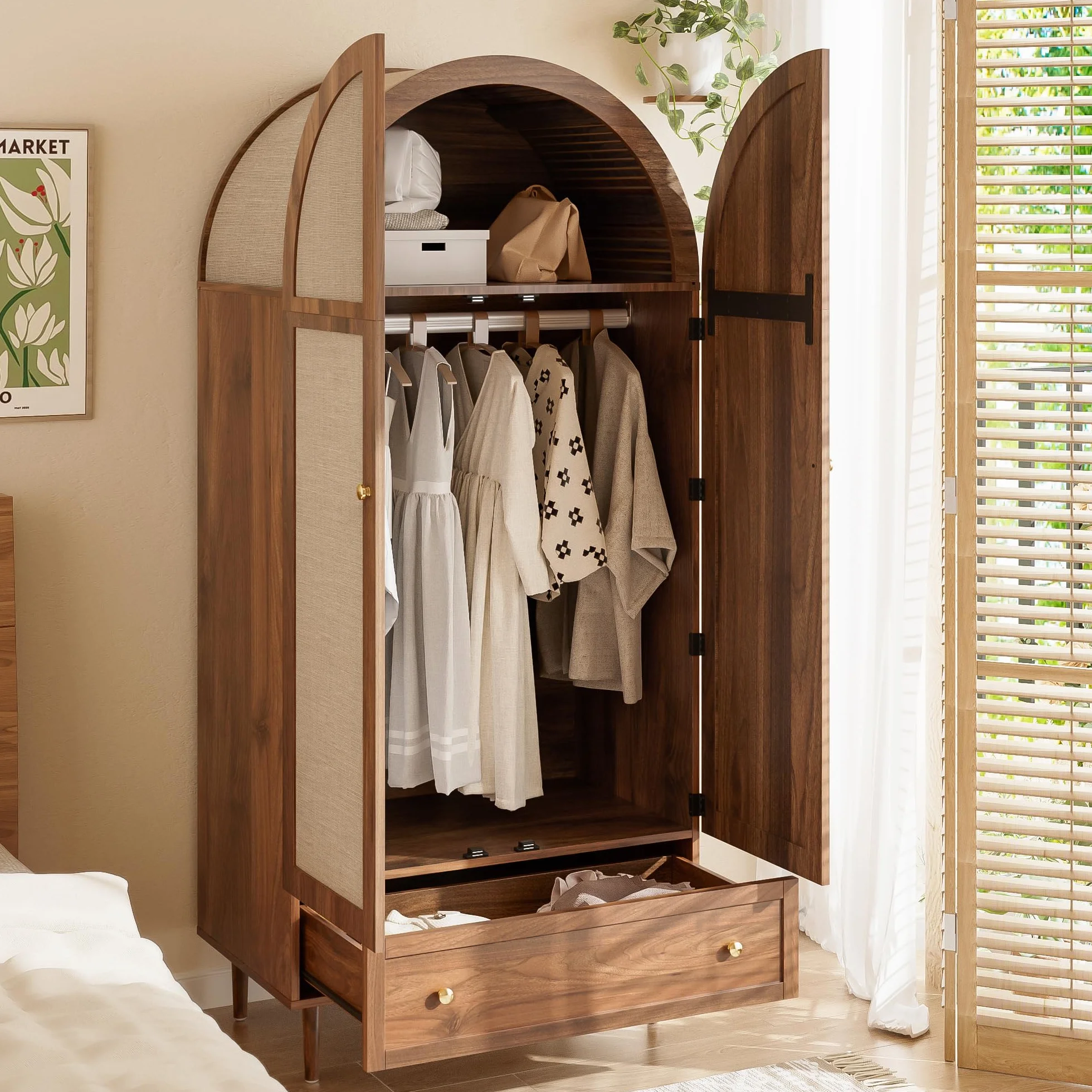 Elegante armario con puertas de tela y cajón, patas de madera sólidas, práctico espacio de almacenamiento para ropa y accesorios, ideal para dormitorio, habitación de invitados o vestidor