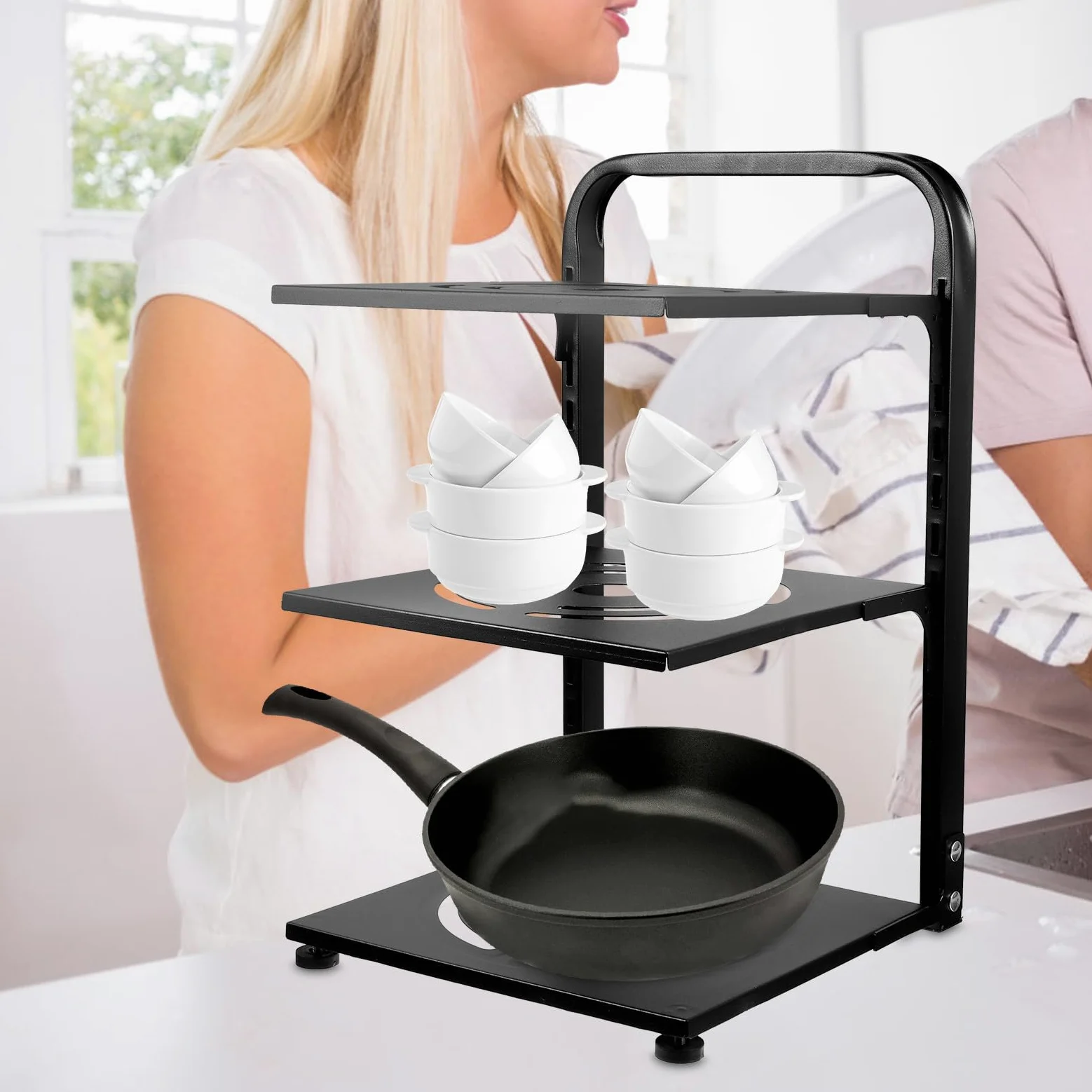 SOLUSTRE Estante Organizador de Ollas y Sartenes Fácil de Instalar y Desmontar Ajustable de 3 Niveles de Acero al Carbono Negro para Gabinete o Encimera