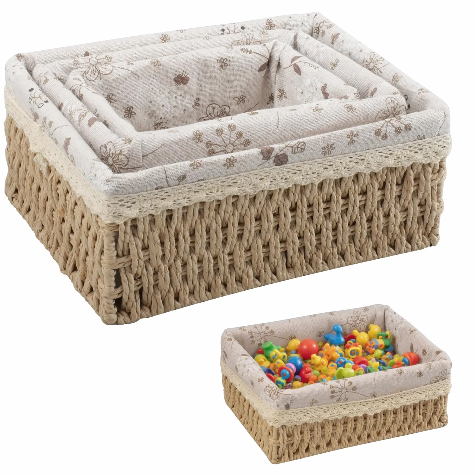 Juego de 3 Cestas de Almacenamiento Trenzadas | para Casa,Oficina,Baño y Dormitorio,Decoración Bohemia,Diseño de Forro de Tela