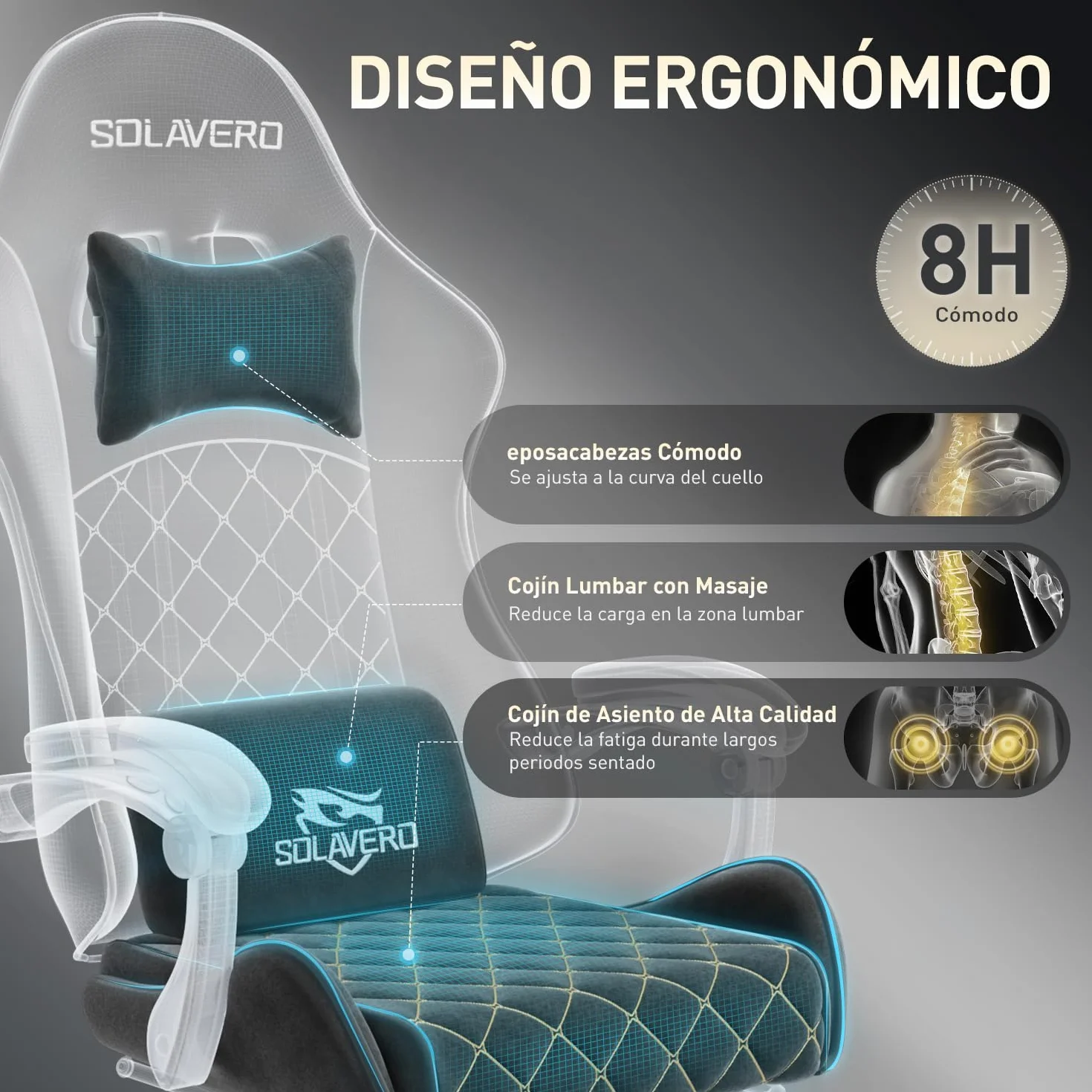 SOLAVERO Silla Gaming de Tejido de Antelina, Silla Gamer Ergonómica con Soporte Lumbar Masaje, Sillón Gamer con Reposapiés Telescópico, Capacidad 150KG, Cadeira Gaming Negro
