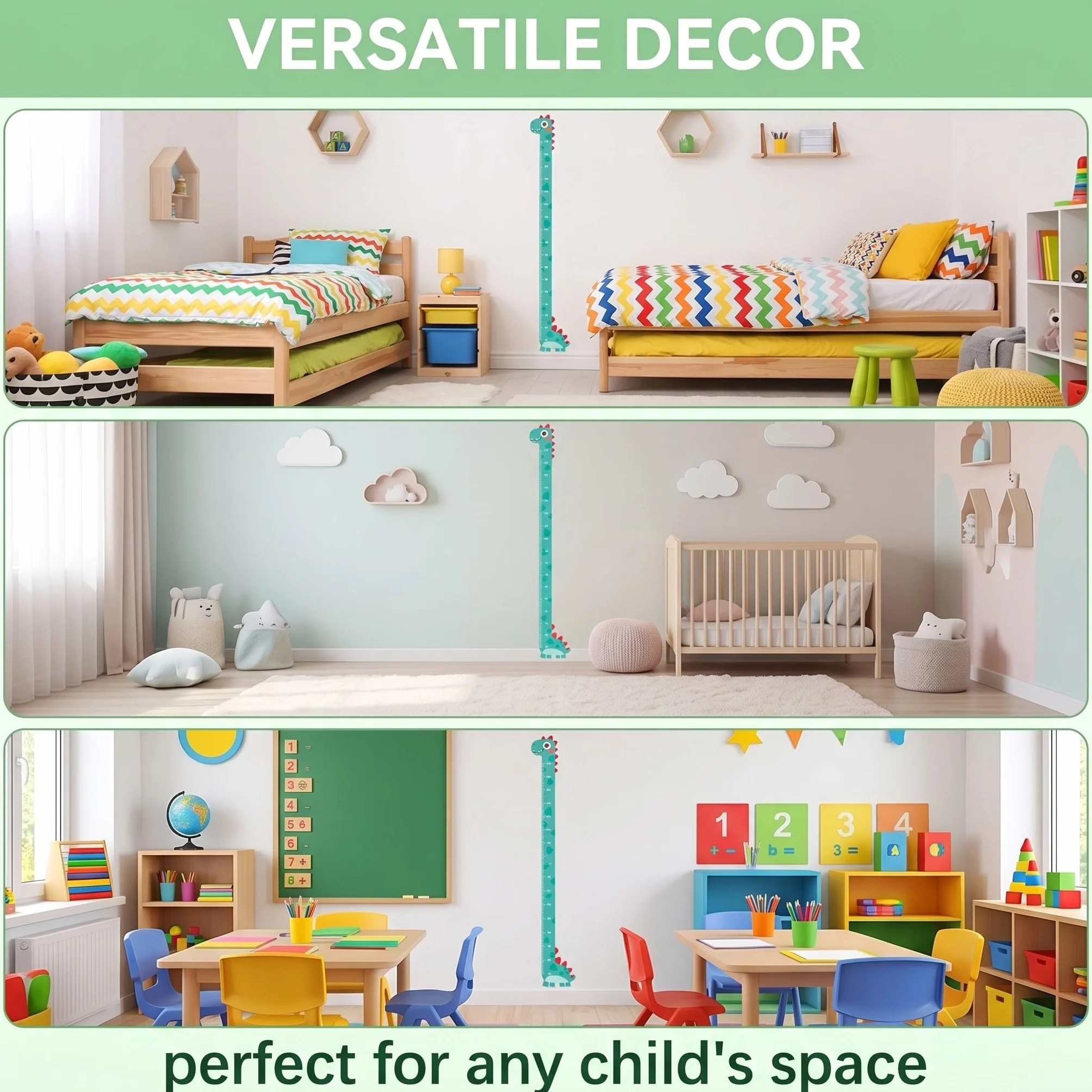 Medidor Altura Niños Pared Plástico Magnético 3D Dinosaurio Decoración Cuarto Infantil Verde