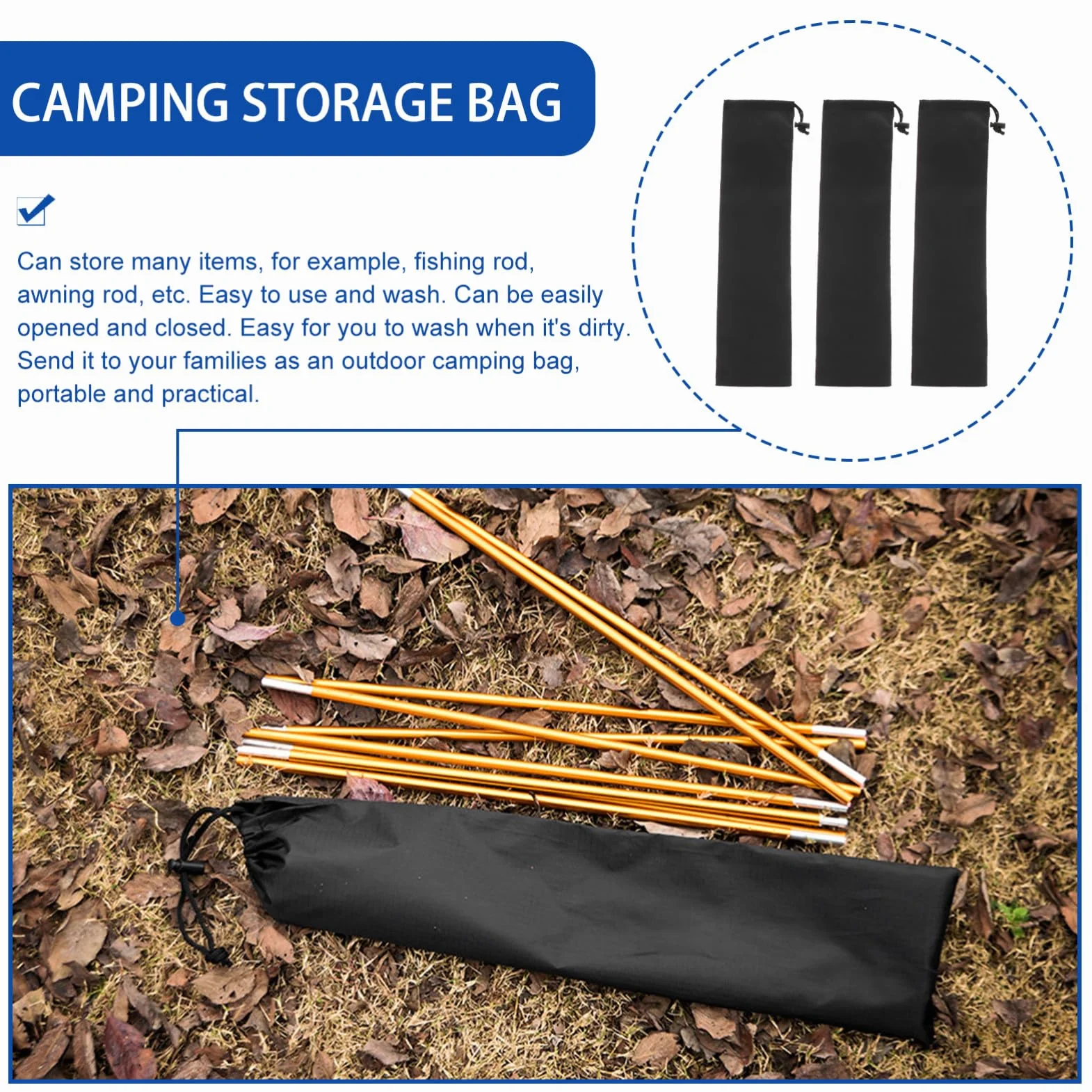 TOYANDONA Bolsa de Almacenamiento 3 Piezas Tela 210t Negra Portátil para Varillas de Tienda de Camping