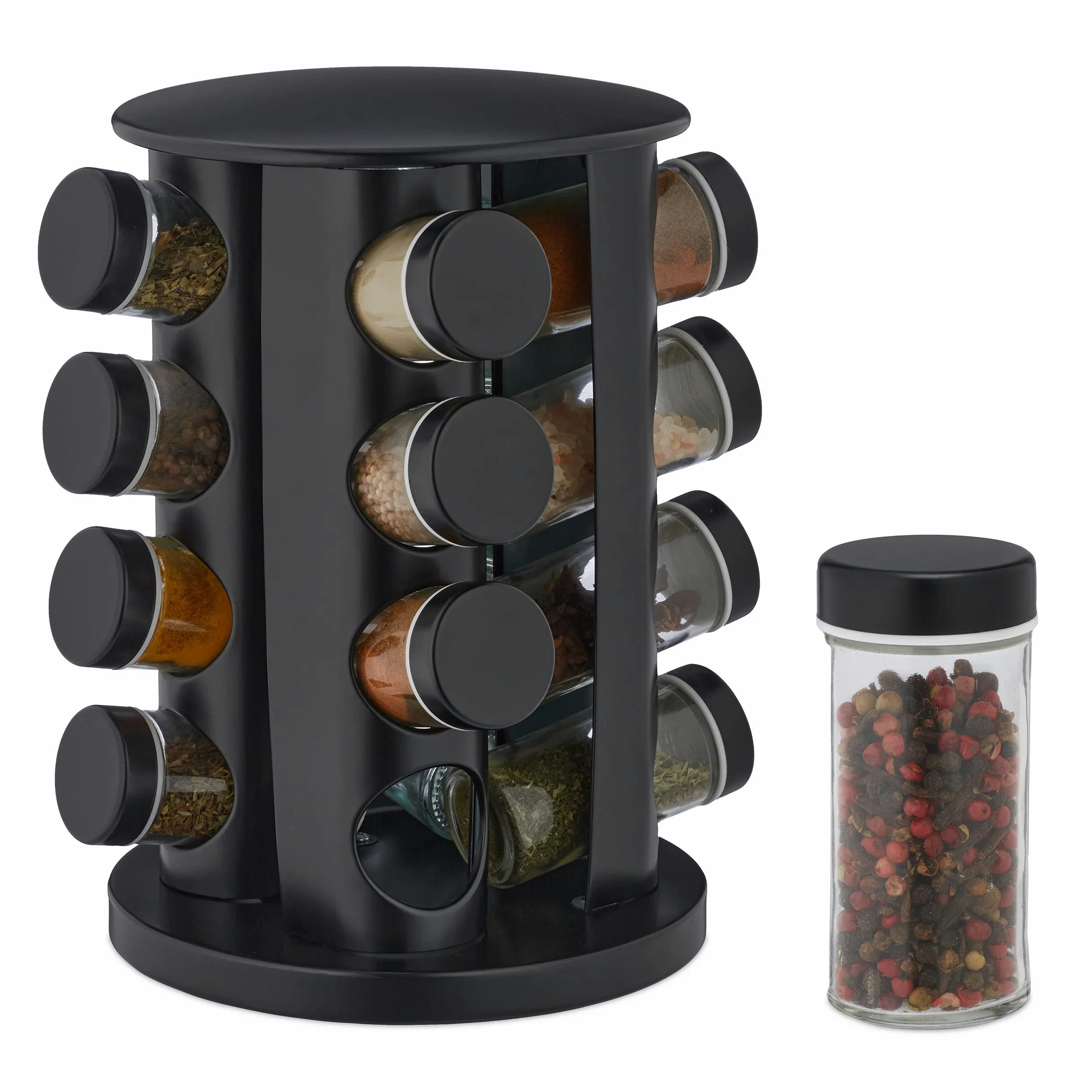 Relaxdays Especiero Giratorio con 16 Botes, con Dosificadores Rotatorio, Soporte Especias Reutilizable de Cocina, Negro