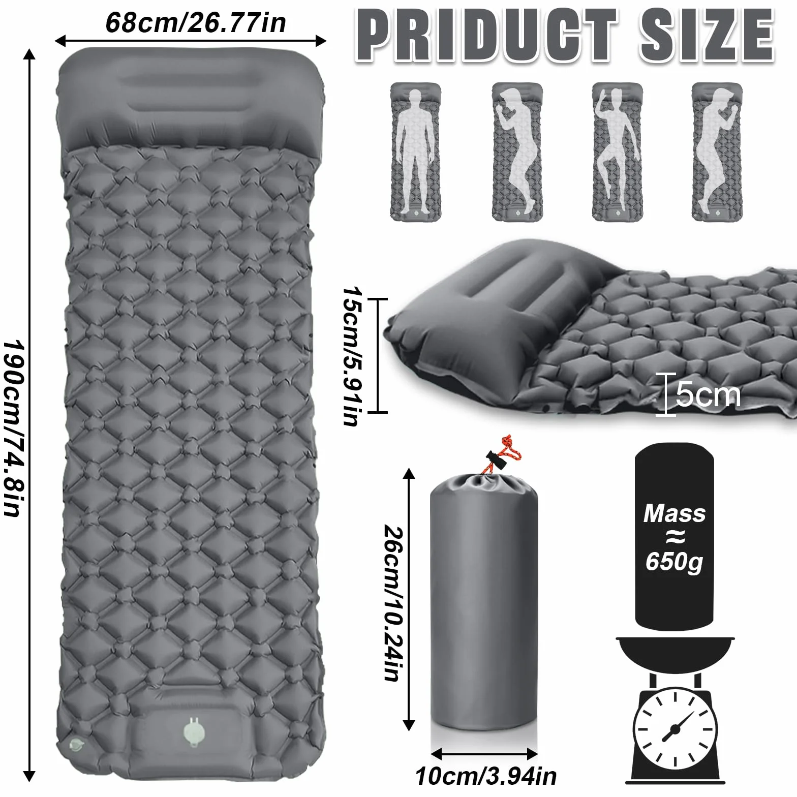 Colchón Autoinflable para Camping Impermeable con Bomba de Pie y Almohada Ultraligera Portátil