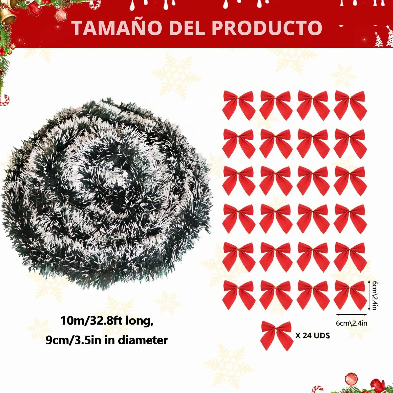 Guirnalda Navidad 10m + 24pcs Lazos Arbol Navidad Rojos, Grinalda Natal, Christmas Garland, Espumillón Verde Grueso, Decoración Navideña Guirnalda para Interior y Exterior, para Puertas Escaleras
