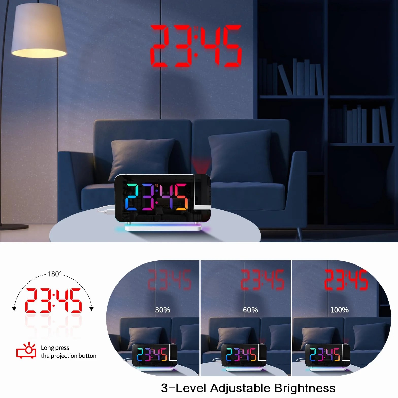ThreeH Reloj Despertador Proyección LED RGB Colorido Reloj con Superficie de Espejo Auto Dimming Voleme Ajustable Doble USB Puertos de Carga Luz Nocturna Blanco