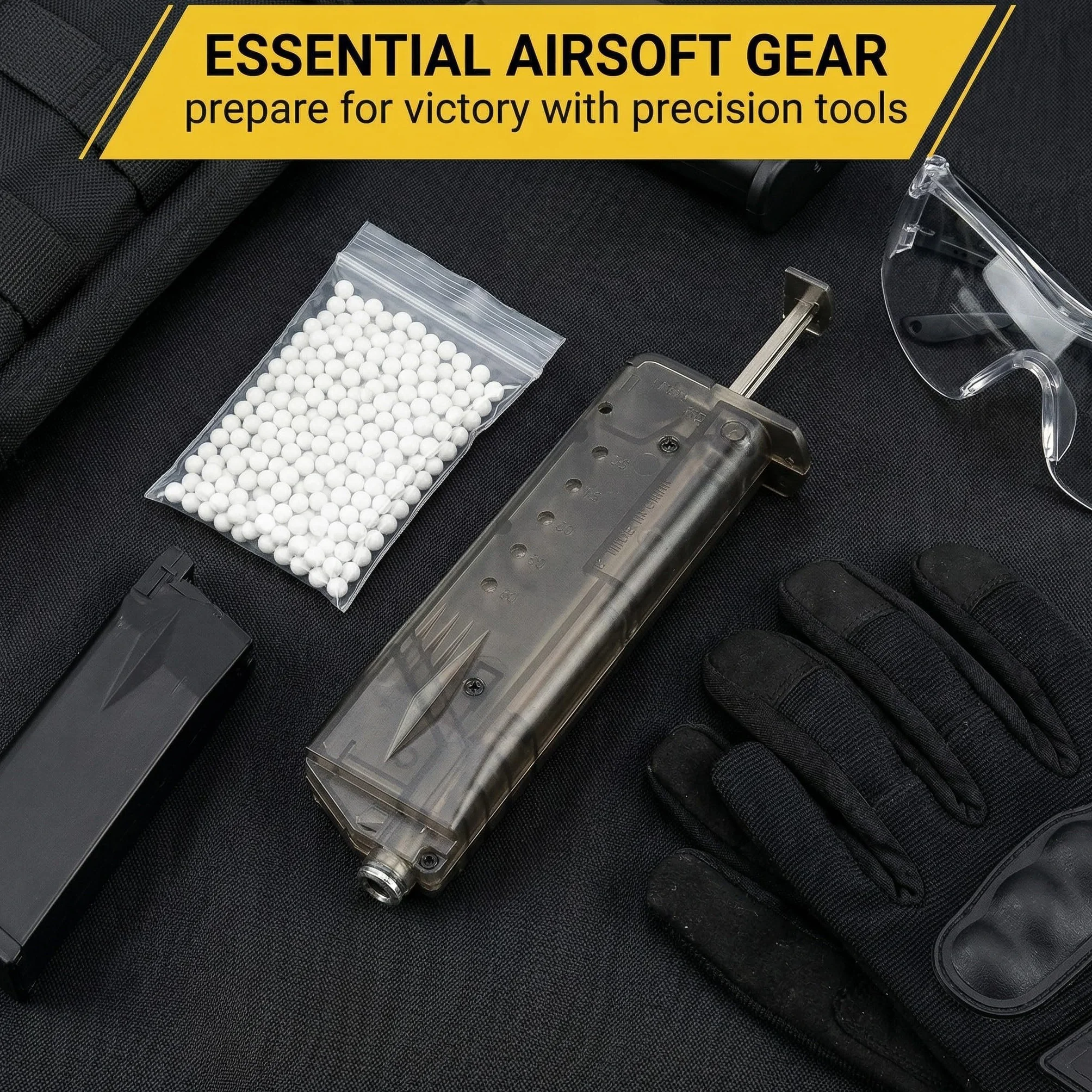 Cargador Rápido Airsoft para 100 BBs 6mm | Diseño robusto de plástico con adaptador de pistola. Recarga veloz y segura para cargadores de pistolas y fusiles Airsoft.
