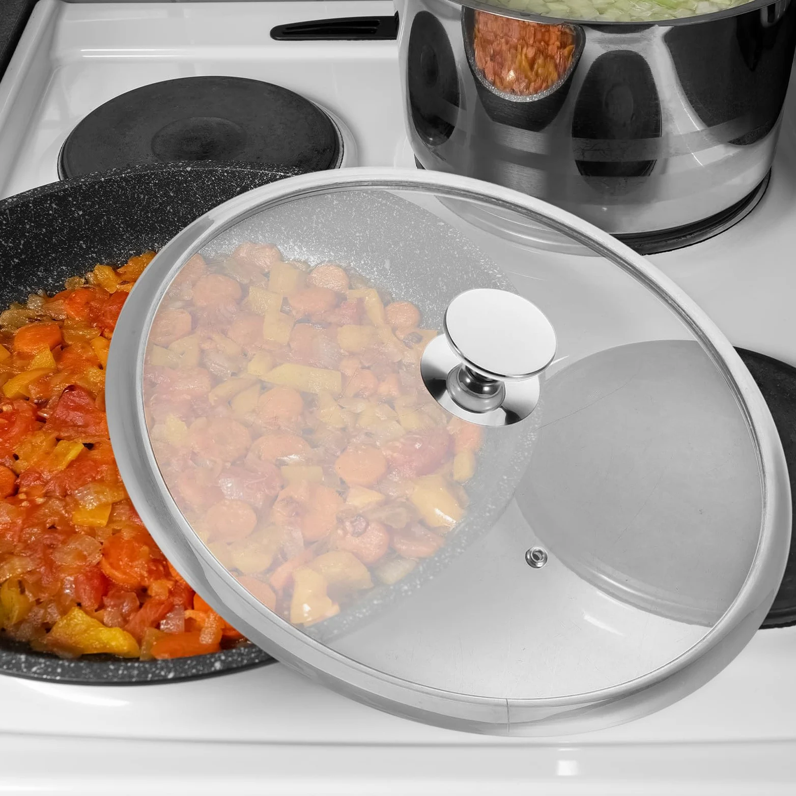 Healvian Tapa de sartén y olla resistente a la deformación de acero inoxidable de 34 cm, con borde engrosado y diseño moderno para cocina