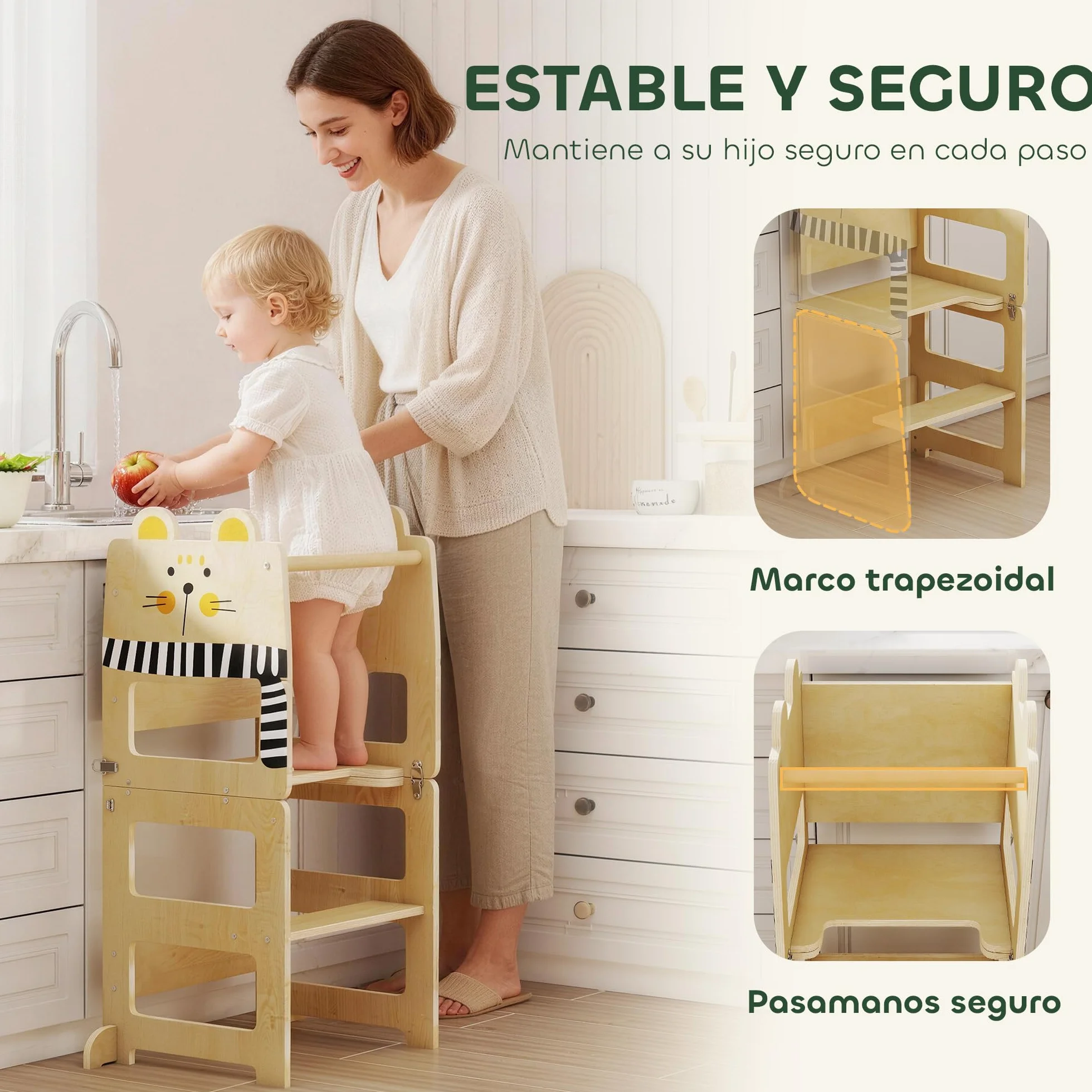 AIYAPLAY Torre de Aprendizaje 3 en 1 Plegable, Convertible en Escritorio y Silla, para Niños 2-5 Años, Natural