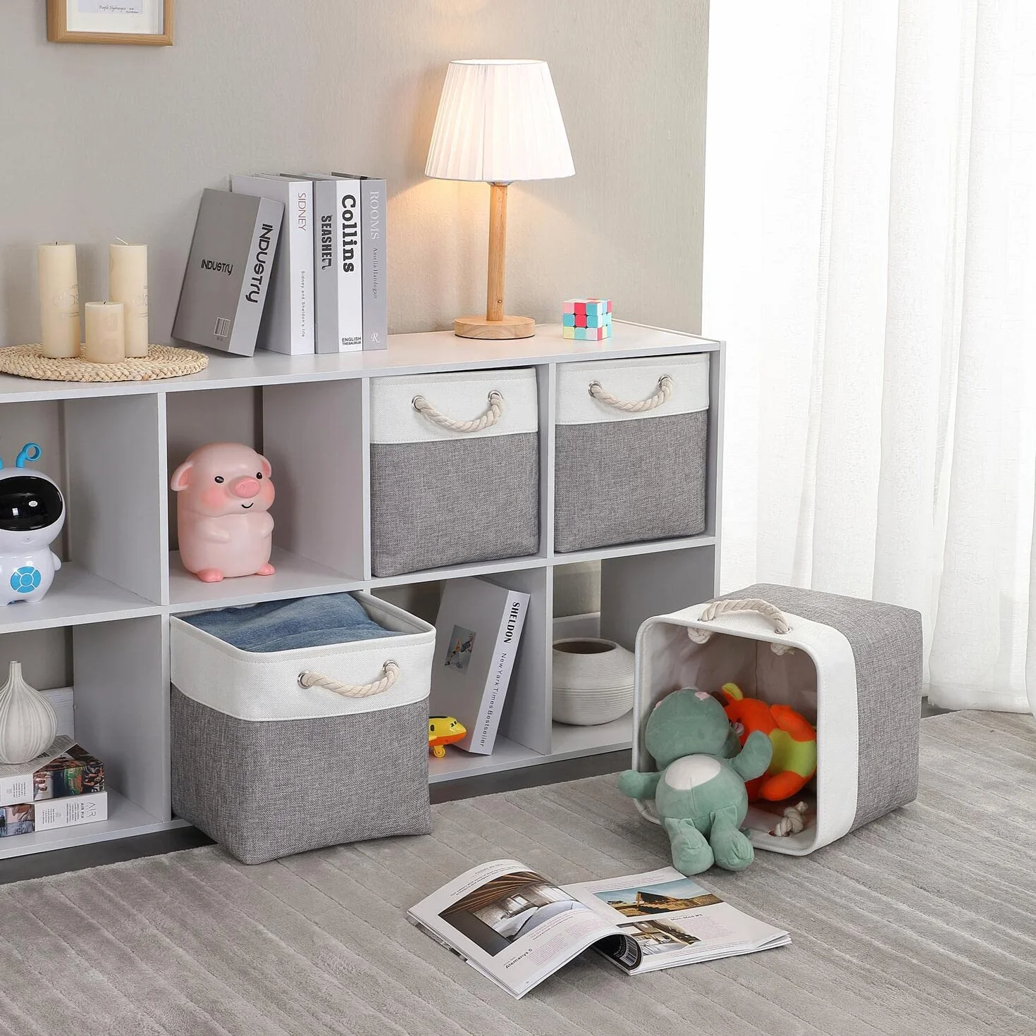 Mangata Cajas Almacenaje 33x38x33 cm Lona Engrosada Plegable con Asas de Cuerda 4 Pack Gris/Blanco