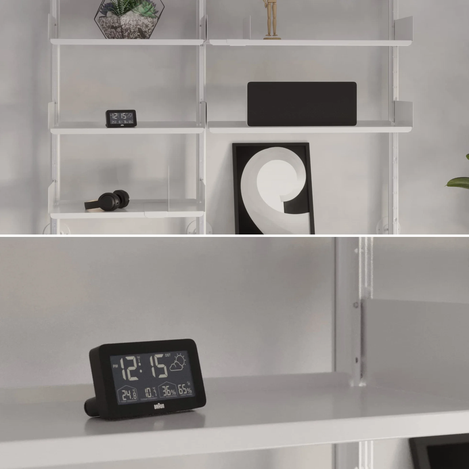 Estación meteorológica y reloj digital controlado por radio Braun para la zona horaria de Europa Central (DCF) con temperatura y humedad, pronóstico del tiempo, pantalla LCD, negro, modelo BC13BP-DCF.