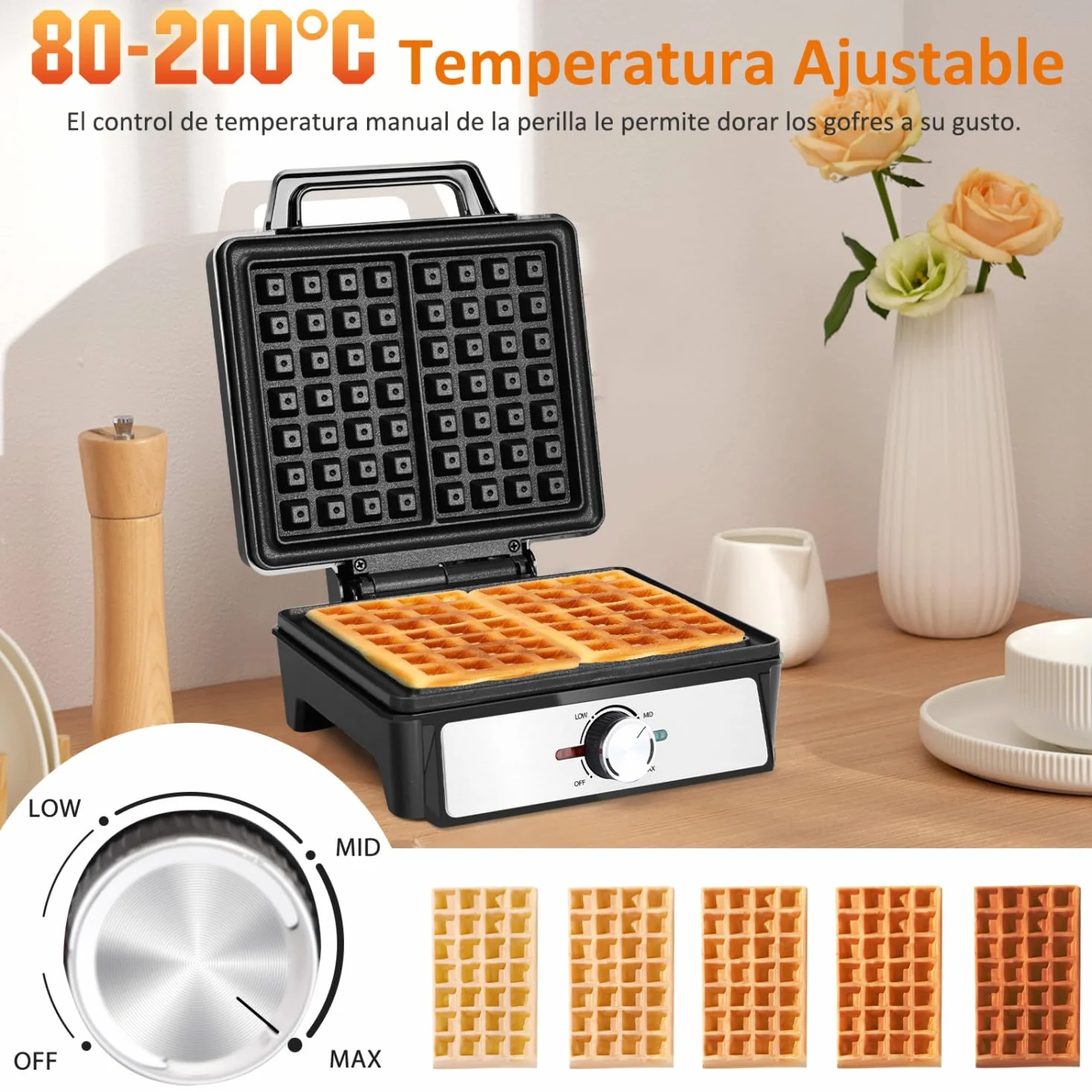 Aigostar Gofrera para 2 Gofres 1600W, Placas Hondas Antiadherentes, 20,2x17,2x2 cm, Temperatura Regulable e Indicador LED, Diseño Compacto, Libre de BPA, Acero Inoxidable y Negro, Savory