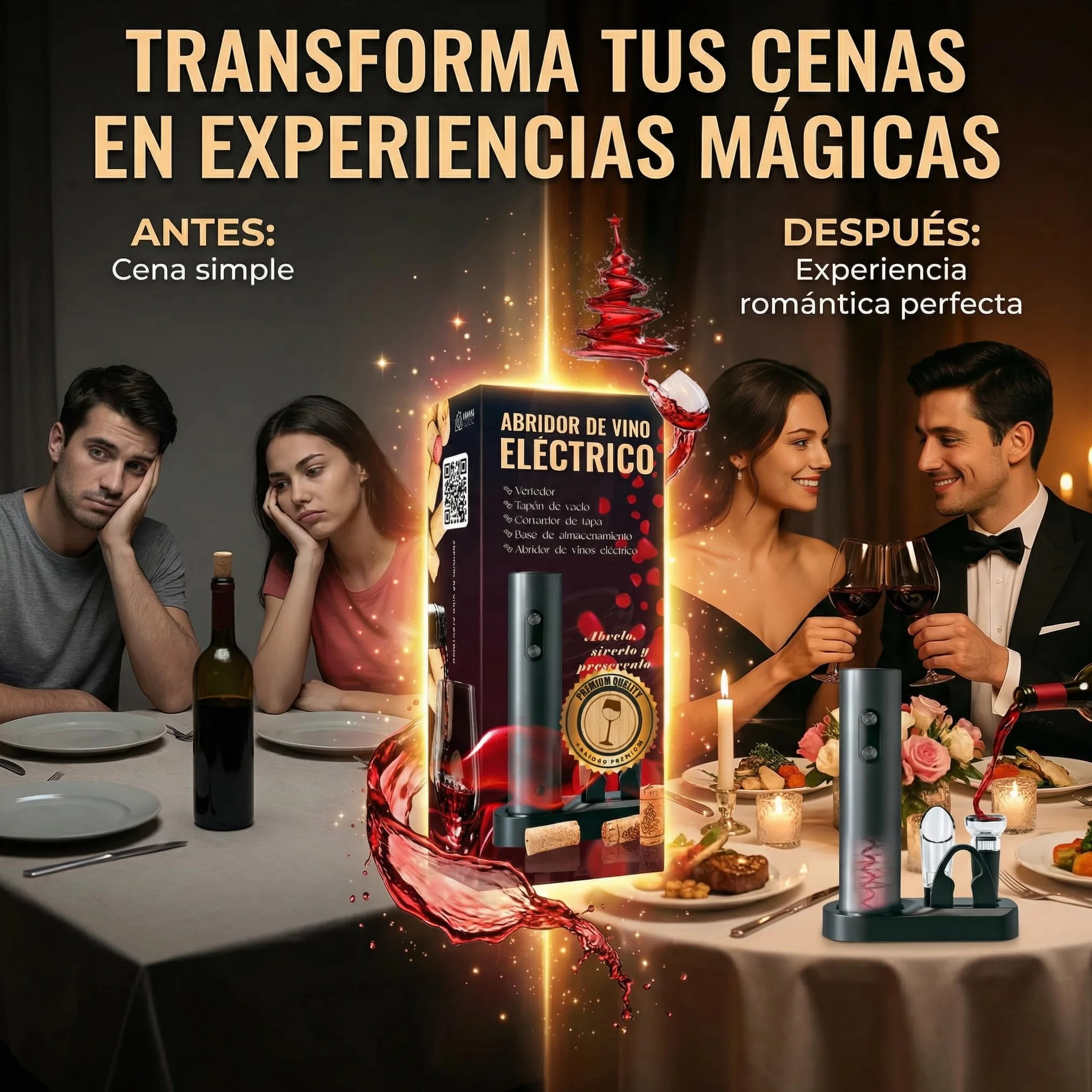 Sacacorchos eléctrico profesional con cortacápsulas, aireador y vertedor, Abridor de vino con base elegante, Regalos originales para hombre cumpleaños, Navidad o San Valentín, funciona con 4 pilas AA