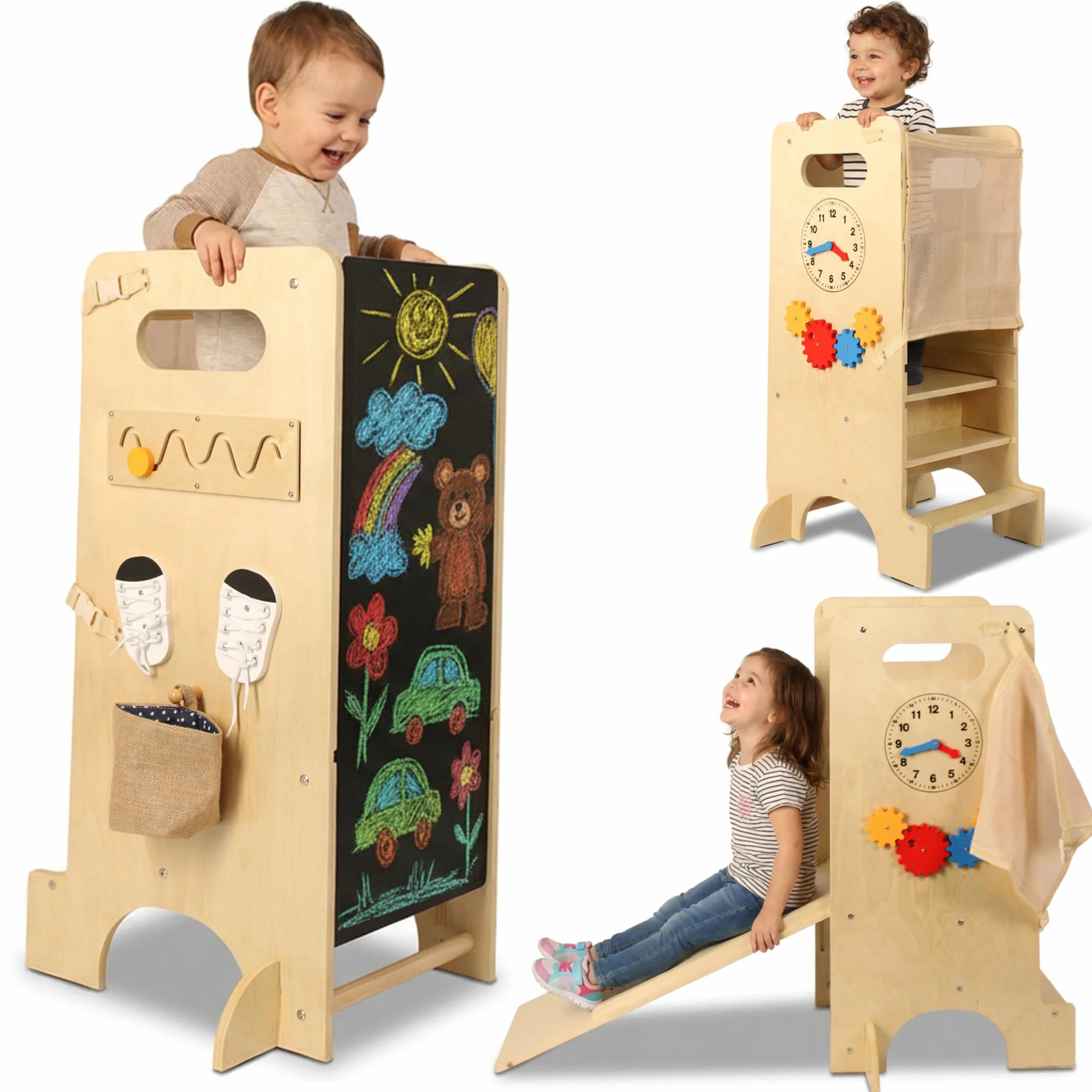 Torre de Aprendizaje Montessori de Madera Multifuncional con Juegos Sensoriales Infantiles