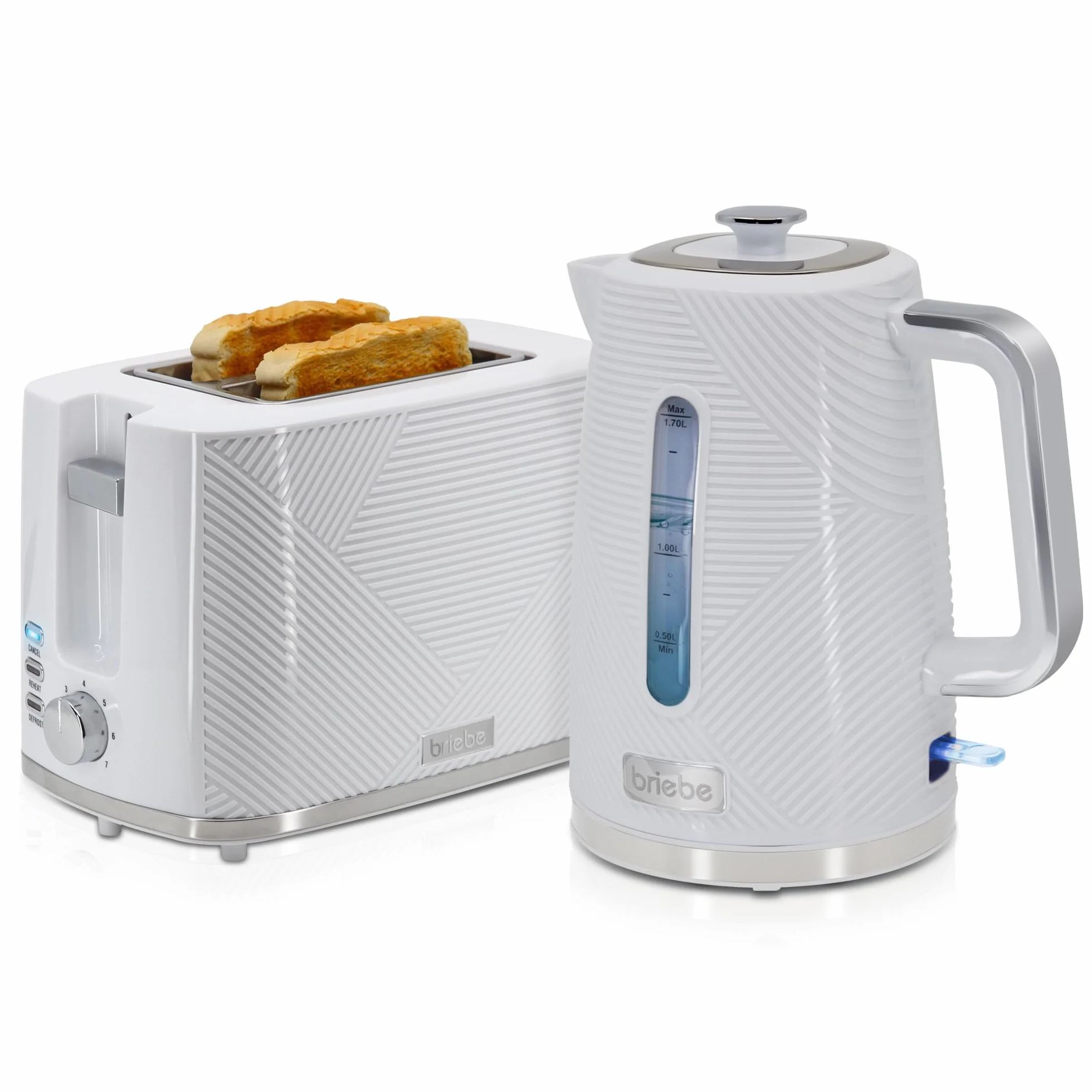 briebe Elegance Set Tostadora Pan Ranura Ancha 2 Rebanadas, 7 Niveles Tostado + Hervidor Agua Eléctrico 1,7L Inalámbrico, 2200W Ebullición Rápida, Libre BPA, Pack Desayuno Diseño Moderno Blanco