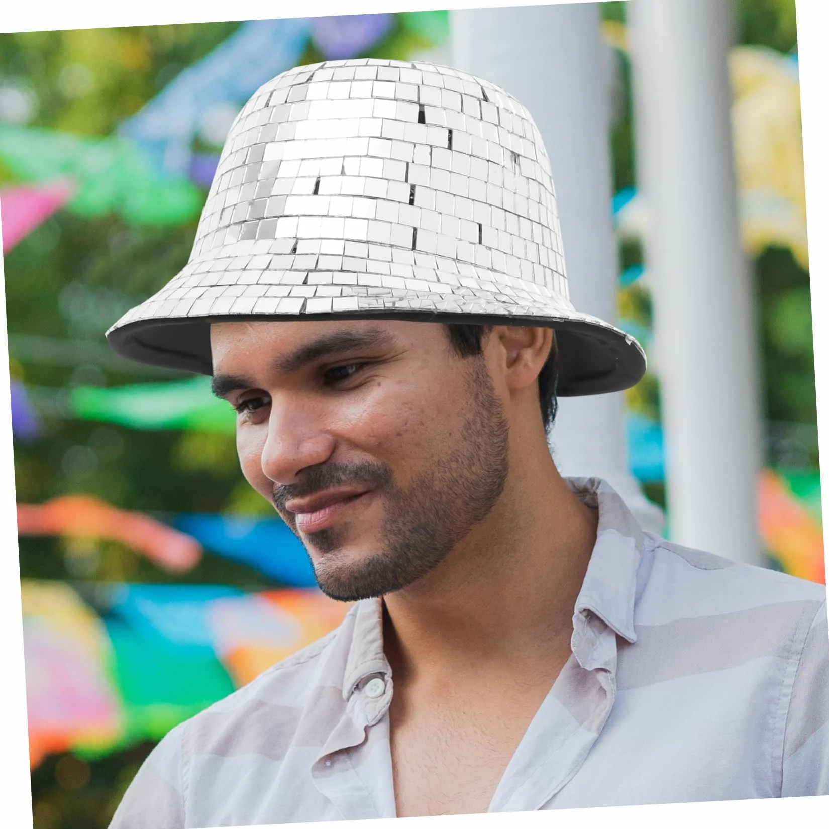 LABRIMP Sombrero de Espejo Disco para Mujer y Hombre Estilo Pescador Lentejuelas Plata, Cómodo y Chic para Decoración Verano en Fiestas y Eventos