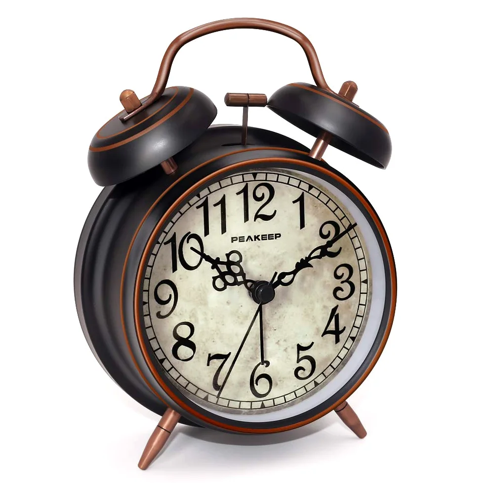 Peakeep Reloj despertador retro de 4.5 pulgadas, funciona con pilas, doble campana (negro con árabe)