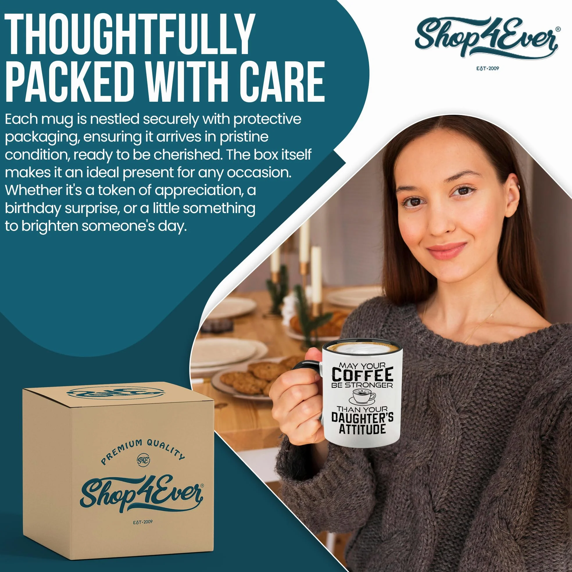 shop4ever Taza de café de cerámica con texto en inglés "May Your Coffee Be Stronger Than Your Daughter's Attitud", taza de café divertida para el día de la madre, regalo de broma, 325 ml (mango negro)
