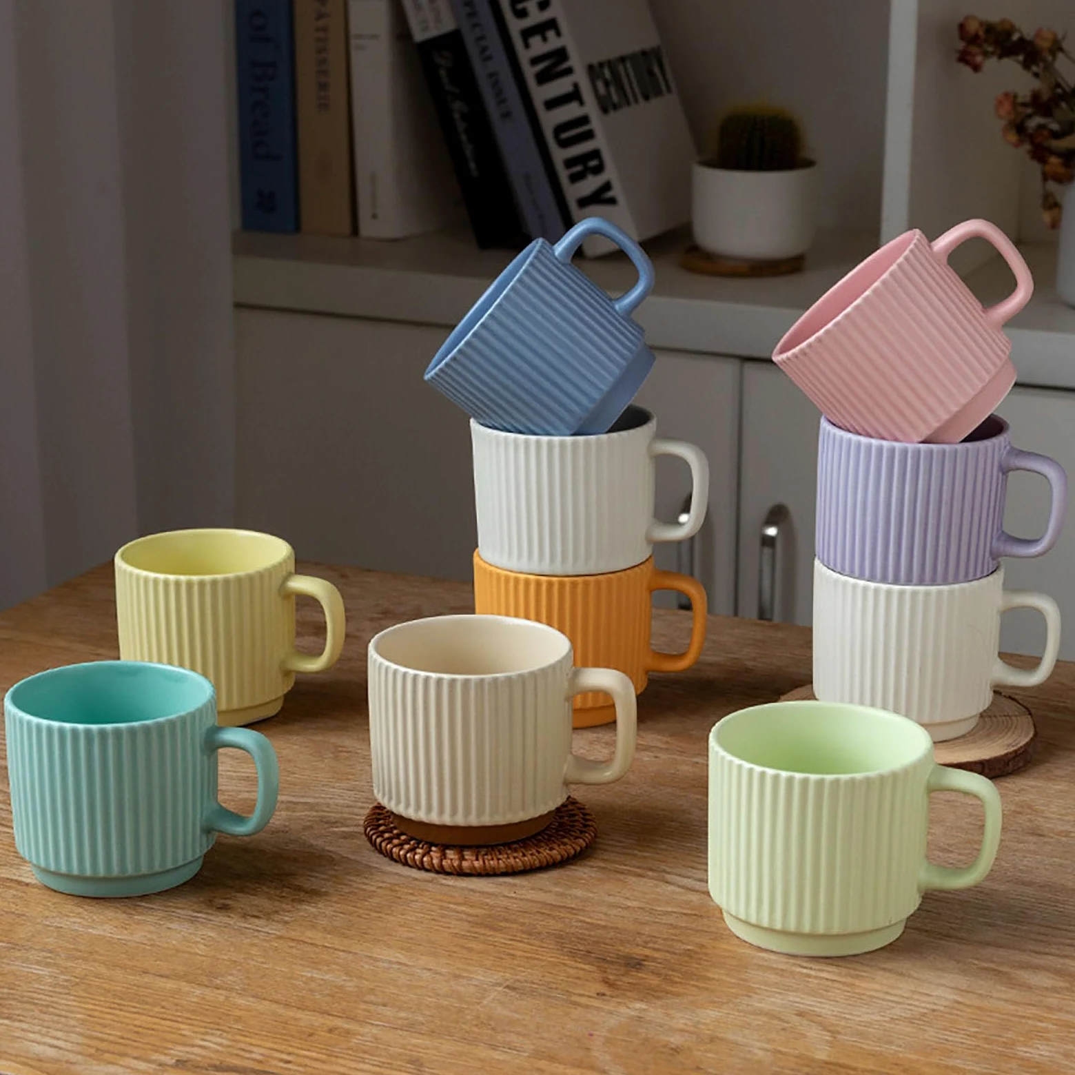 Juego de 6 Tazas apilables de Porcelana de 260 ml para café expreso con asa, Ideales para té, café con Leche, Cacao y Capuchino. (White)