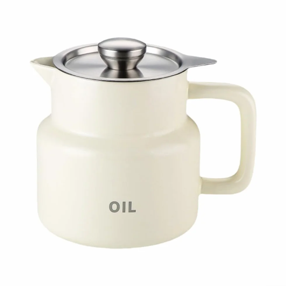 Recipiente para filtro de grasa de acero inoxidable con colador y tapa, recipiente de recogida de aceite de 1,5 L, resistente al calor, con mango de baquelita y posavasos antideslizante para cocina