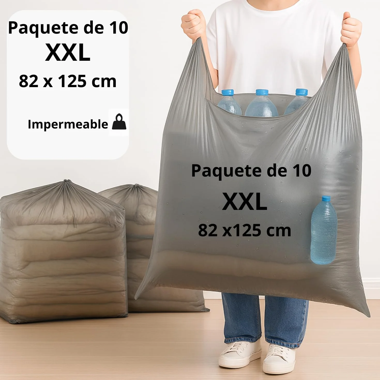 Lot de 10 bolsas de almacenamiento para ropa XXL 82×125 cm – Impermeables, resistentes PE – Bolsas de mudanza de gran formato con asas – Para edredones, almohadas, juguetes – Carga máxima 15