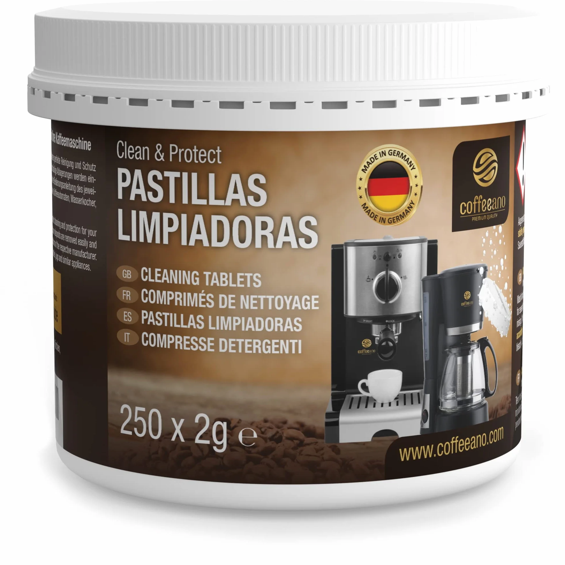 250 pastillas limpiadoras Coffeeano Clean&Protect para cafeteras automáticas y cafeteras. Pastillas limpiadoras aptas para todas las marcas y electrodomésticos. Incluye un libro electrónico