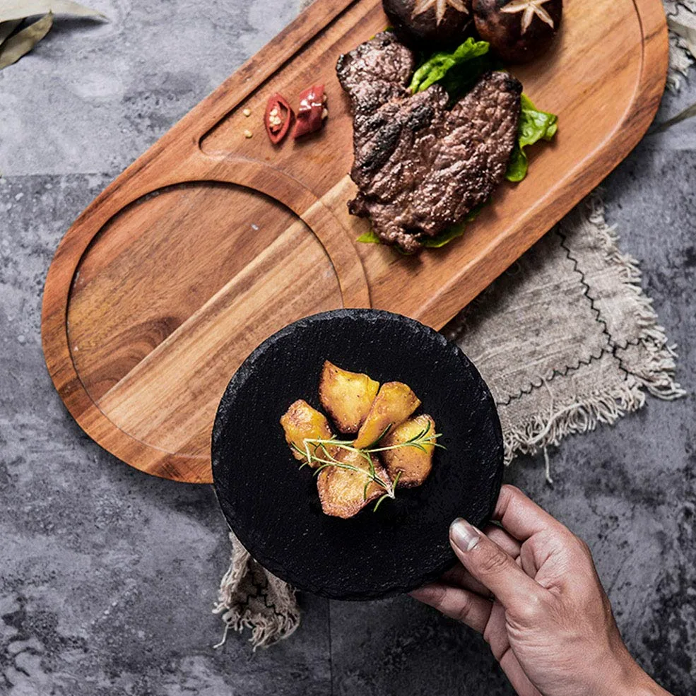 Platos para servir en madera y pizarra, bandeja para servir, plato de madera natural elegante y saludable, para pizza, sushi, filete ovalado con pizarra