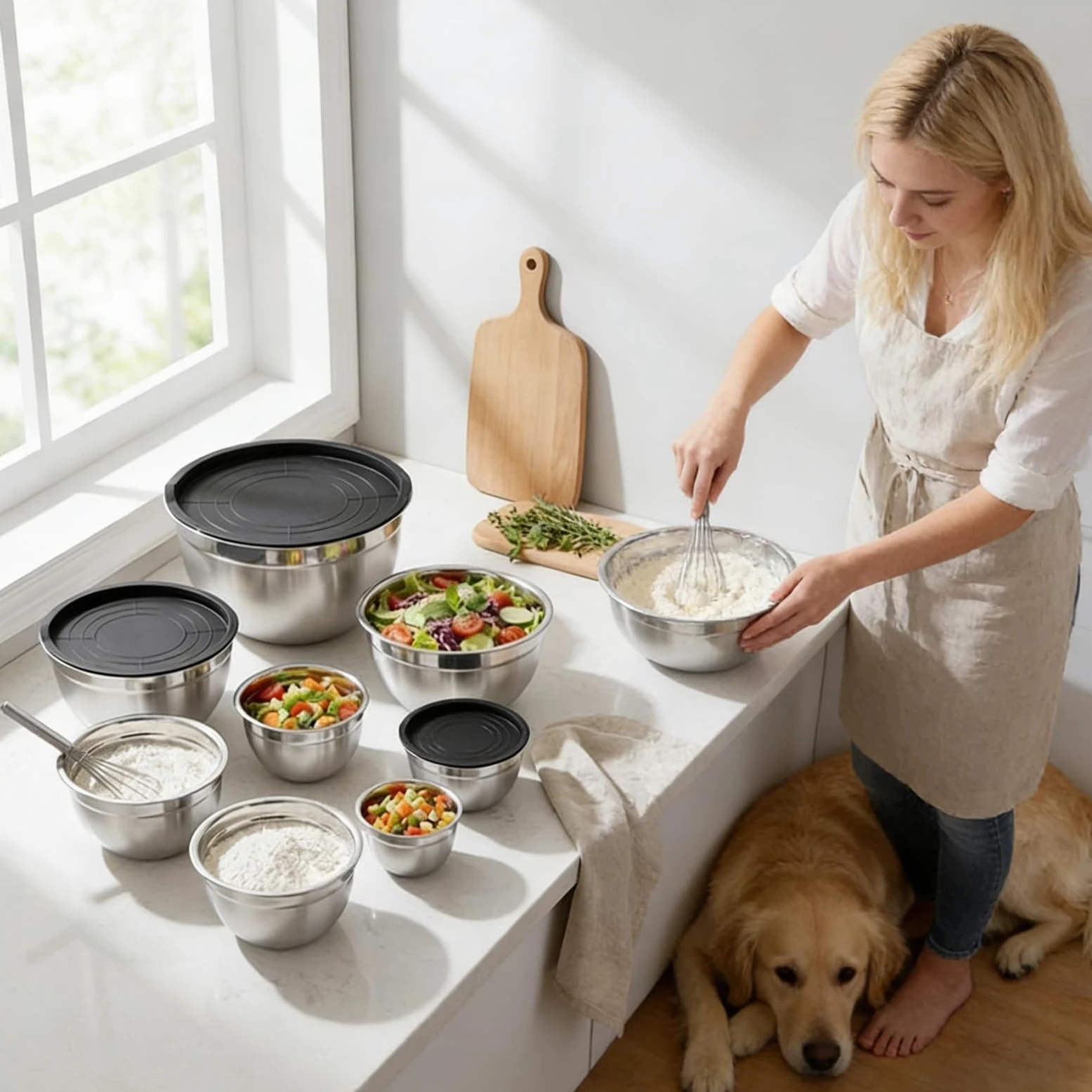 Boles de Mezcla de Acero Juego de 7 Piezas Apilables Redondas con Base | Boles Para Mezclar Y Preparar Alimentos En La Cocina Para Cereales Snacks Huevos Especias Verdur