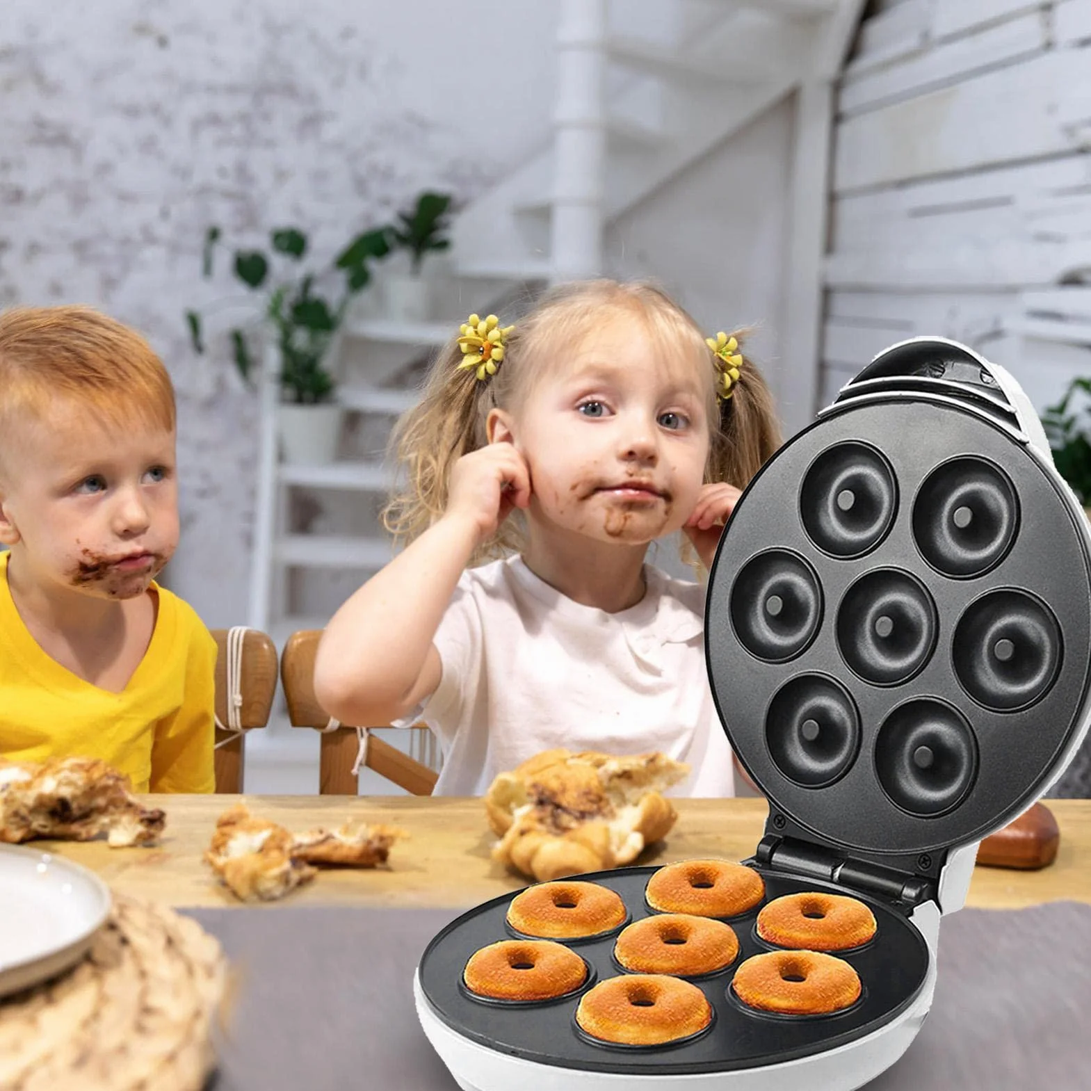 donas | Máquina para Hacer donas Desayuno 1200 W | Máquina para Hacer Donuts eléctrica Antiadherente 7 Agujeros para panadería casera, Tienda postres