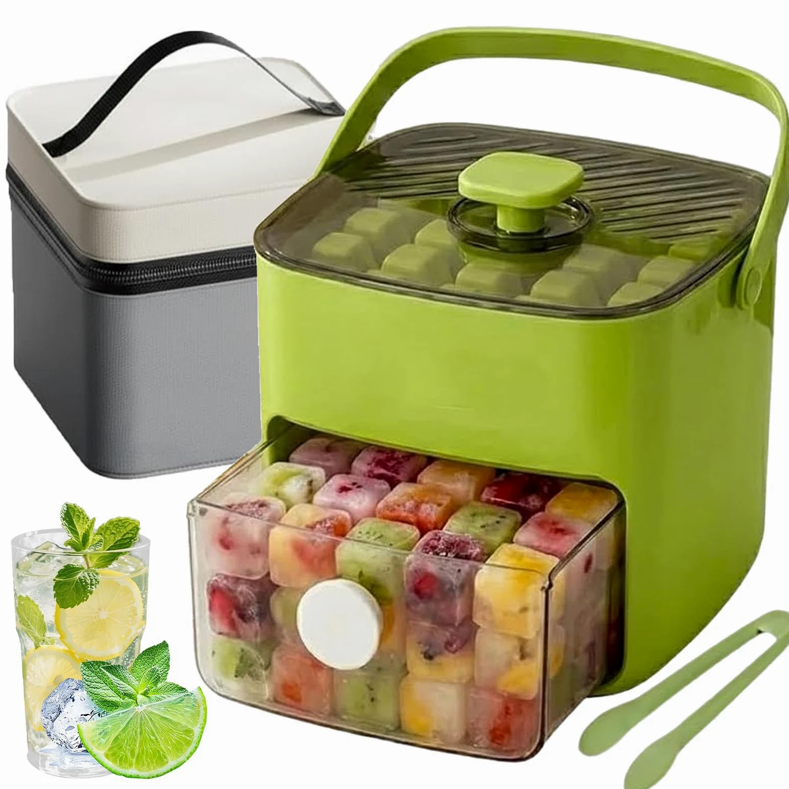 Máquina de Cubitos 48 Rejillas con Tapa de Prensa, Bandeja Hielo Doble Capa para Congelador, Molde Silicona de Liberación Rápida y Caja Almacenaje con Pala para Whisky o Cóctel (A+Insulated Bag)